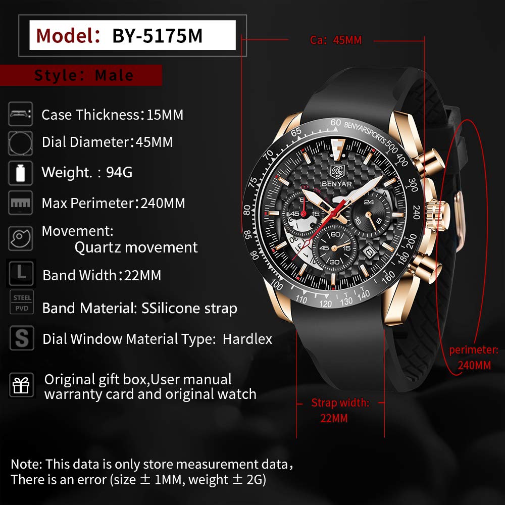 BY BENYAR Men's Sports Chronograph Watch - Stylish Analog Quartz Watch with Date Display, Waterproof 3ATM & Leather Strap - Perfect for Business, Casual & Outdoor Activities