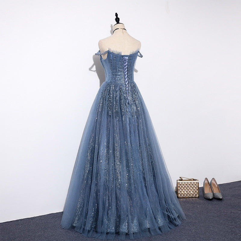 Elegant Off Shoulder Deep V Neck Prom Dress - A-Line Blue Evening Party Gown for Women | Perfect for Homecoming, Prom Night & Formal Events