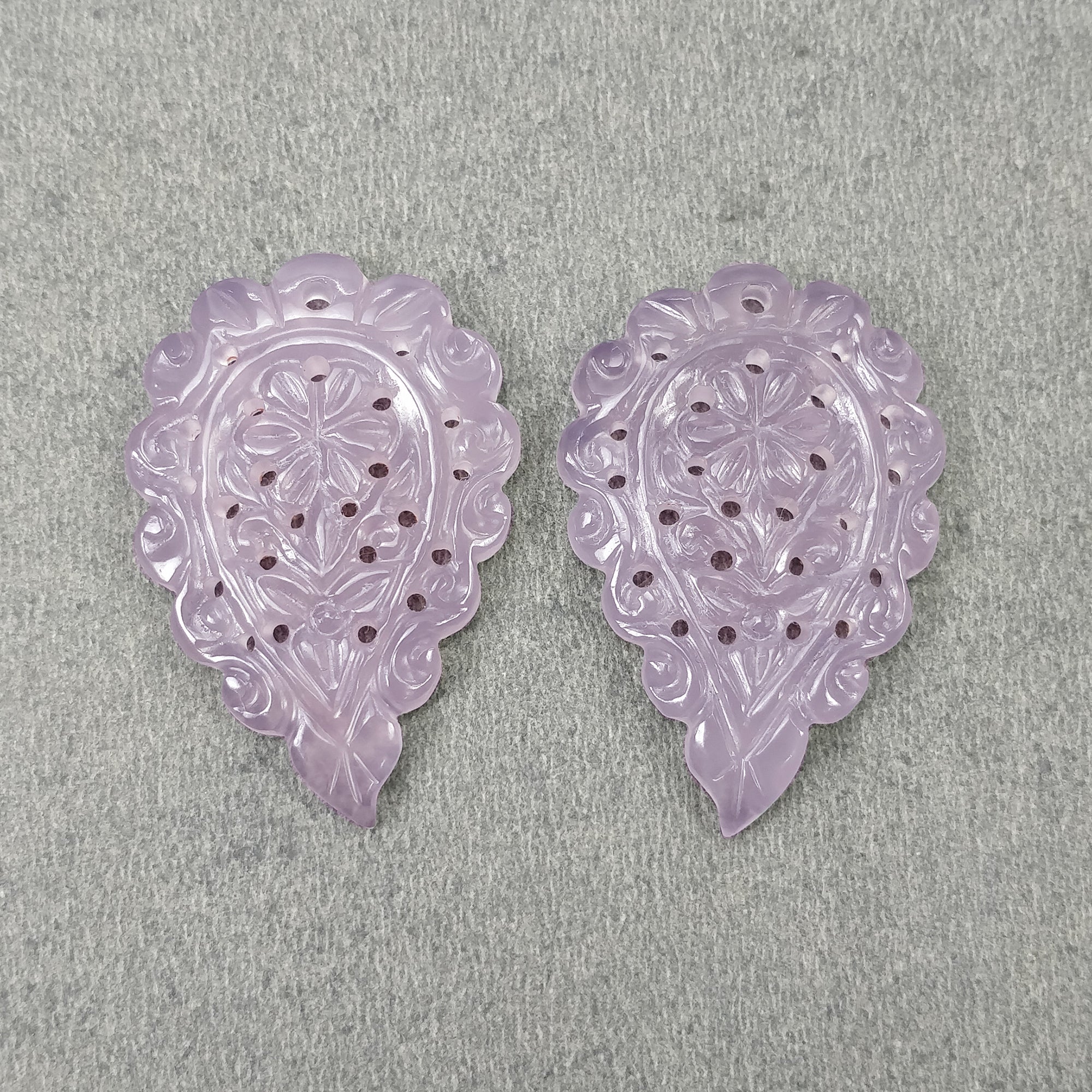 Natural Pink Chalcedony Gemstone Carving - 50.60cts Untreated Hand-Carved Indian Leaf Design (37x25mm) Pair for Jewelry Making, Meditation & Spiritual Healing | Perfect for Necklaces, Bracelets & Home Decor