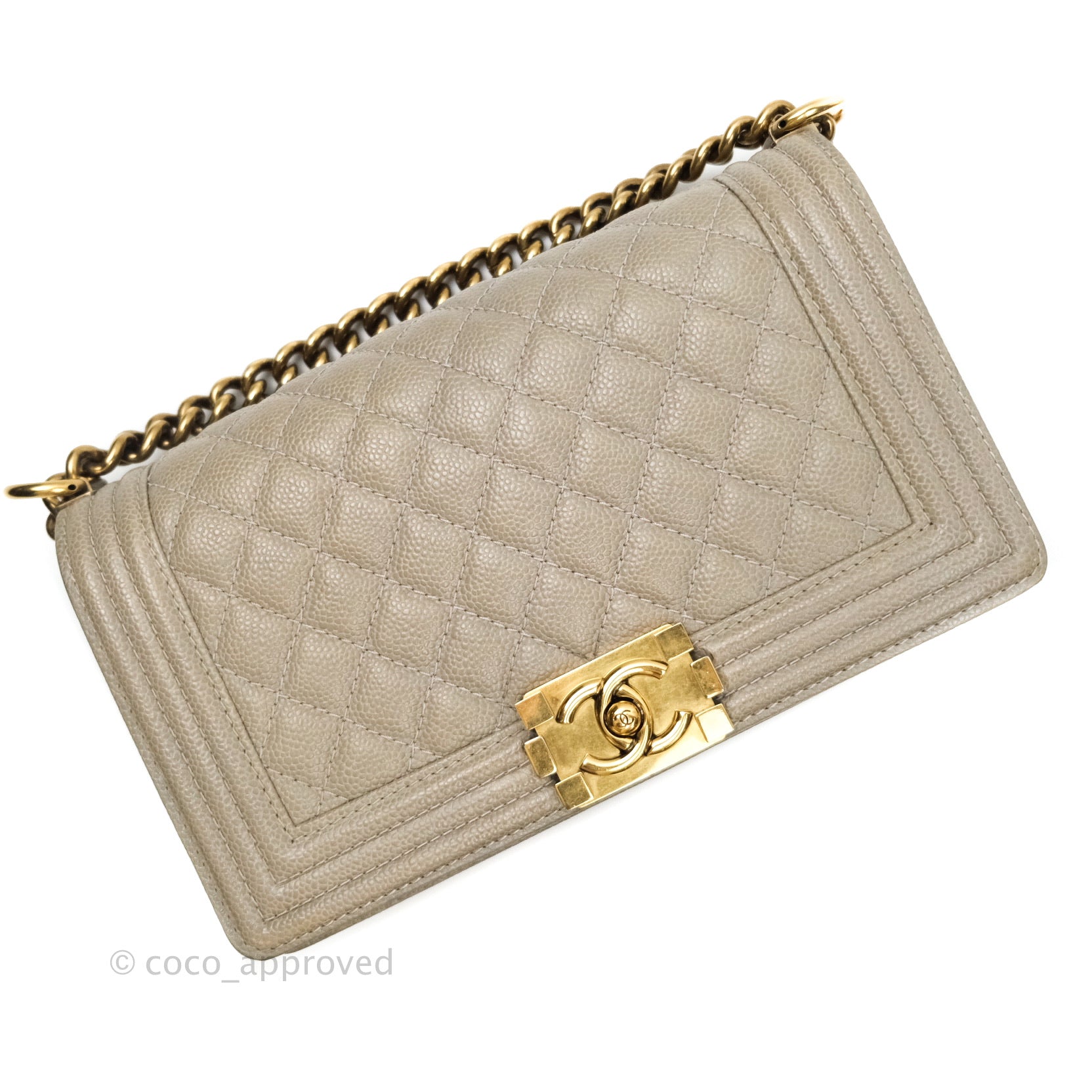 Chanel Boy Quilted Medium Handbag in Taupe Grey Caviar Leather with Gold Hardware - Perfect for Work, Evening Events & Luxury Fashion Accessories