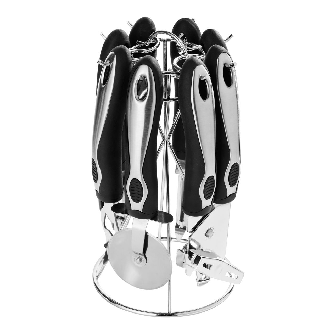 Premium 6-Piece Chrome Finish Kitchen Gadget Set with Stand - Includes Bottle Opener, Can Opener, Garlic Press, Peeler & Pizza Cutter - Stainless Steel Blades - 24x12x12cm - Perfect for Home Cooking, Meal Prep & Hosting Parties