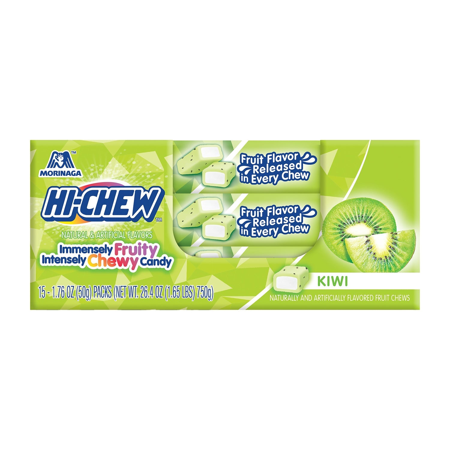 Hi Chew Kiwi Flavor Chewy Candy Bars - 15 Count Box | Delicious Snack for School, Office & On-the-Go