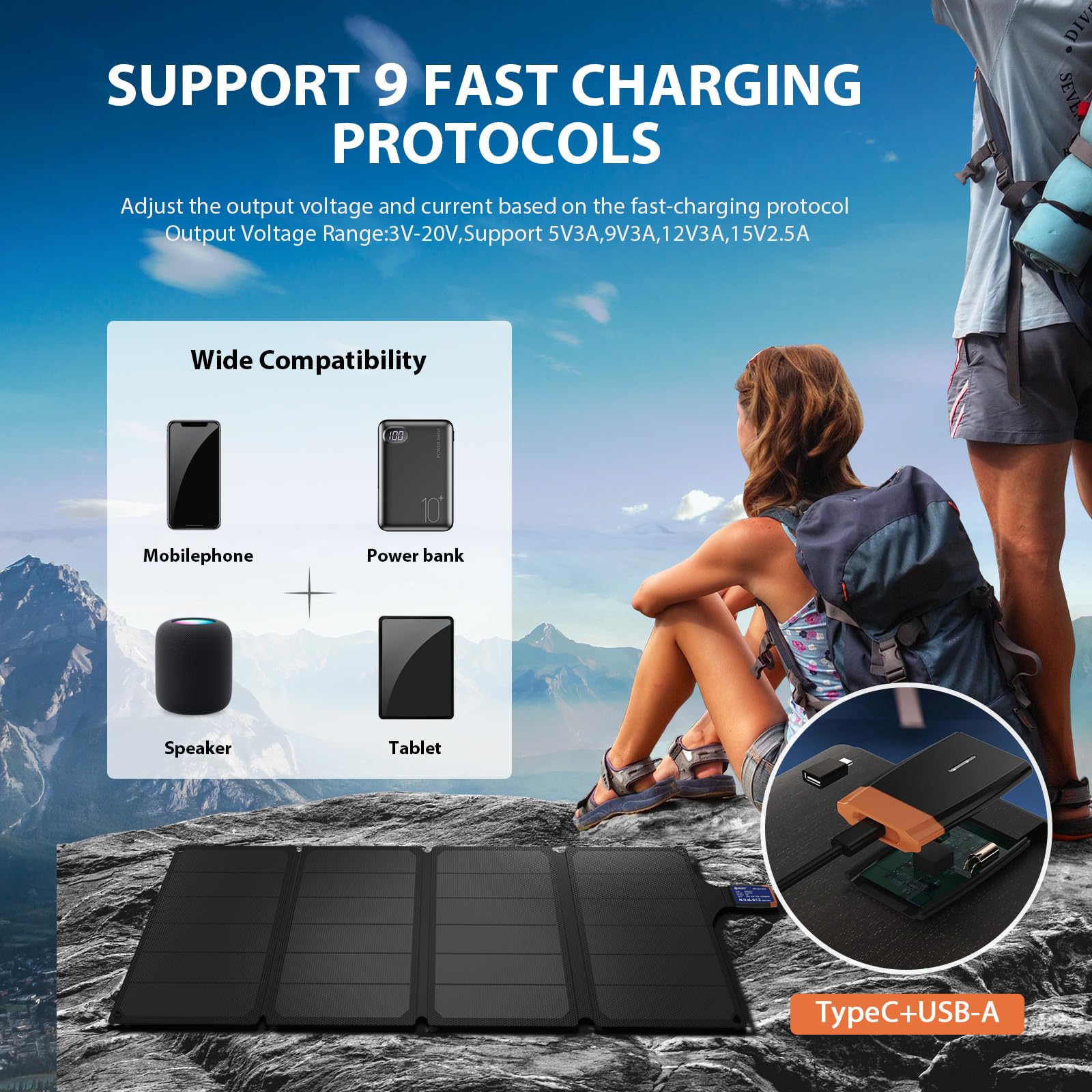 36W Solar Phone Charger Portable USB-C Fast Charging ETFE Solar Panel - Waterproof Outdoor Power Bank for Camping, Hiking, Emergency & Travel | Charge Smartphones, Tablets, Power Banks Anywhere
