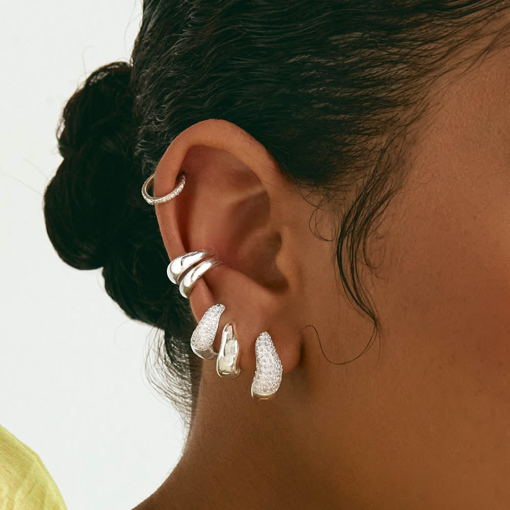Mini White Topaz Pave Wave Dome Huggie Earrings in Sterling Silver - Perfect for Everyday Wear & Special Occasions