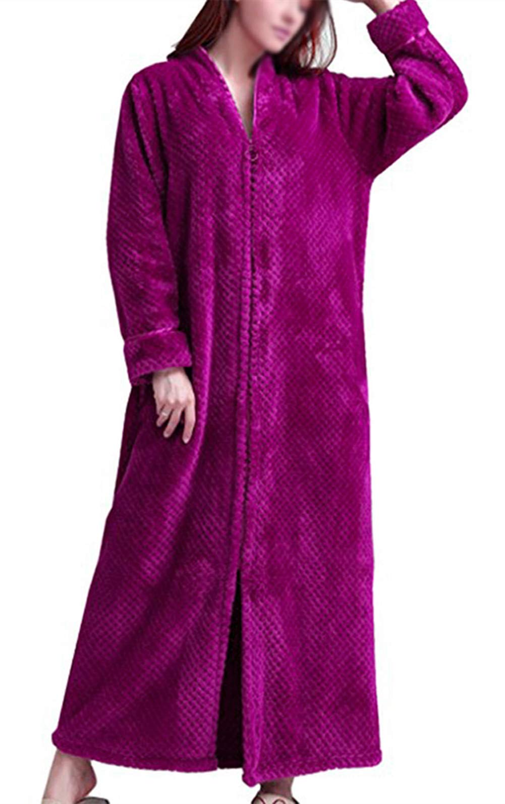 DSNOW Women's Zip Fleece Waffle Long Robe - Soft Fluffy Bathrobe with Pockets, Warm Winter Loungewear for Spa, Sleepwear & Cozy Home Relaxation