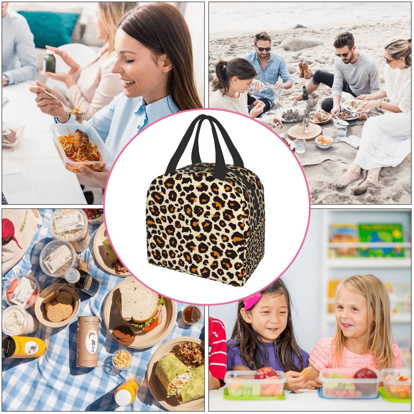 Leopard Print Insulated Lunch Bag for Women - Portable, Leakproof & Thermal Cooler Lunch Box - Reusable Cheetah Design Lunchbox for Office, Work, Picnic, Beach & Outdoor Activities