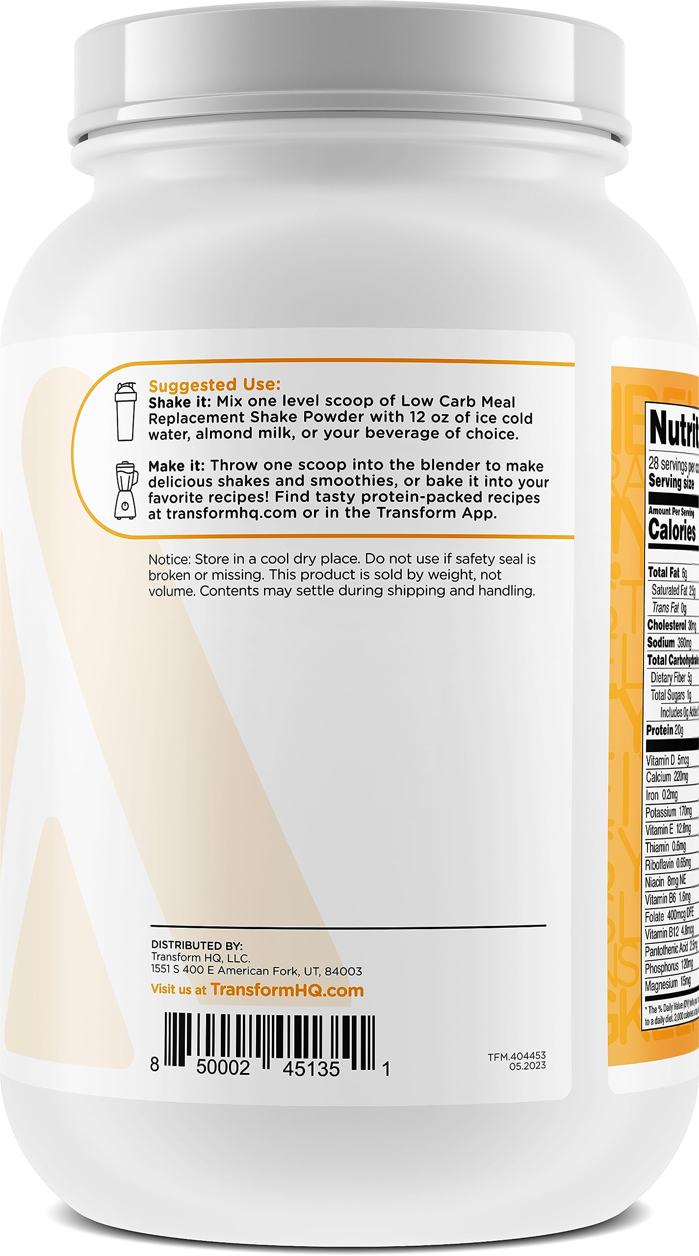 TransformHQ Meal Replacement Shake Powder - 28 Servings, Orange Cream Flavor | Gluten Free, Non-GMO, Vegan Friendly | Perfect for Weight Loss, Post-Workout Recovery & Busy Lifestyles