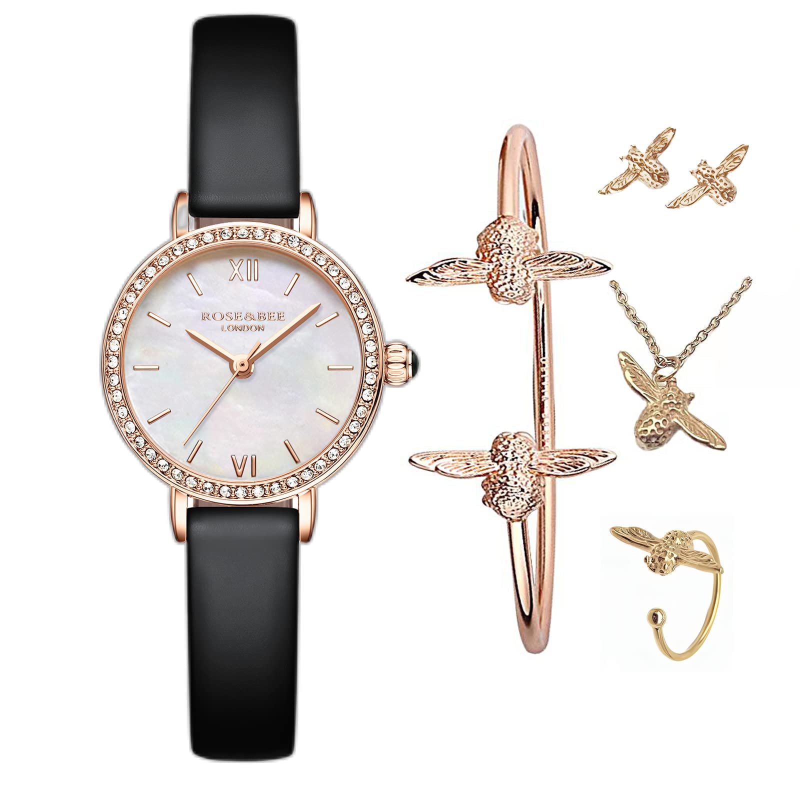 Rose&Bee Ultra Slim Diamond Women's Small Face Watch Set - Exquisite Bee Design 4-Piece Jewelry Set with Colorful Rose Flowers, Elegant Gift Box | Perfect for Daily Wear, Special Occasions & Romantic Gifts
