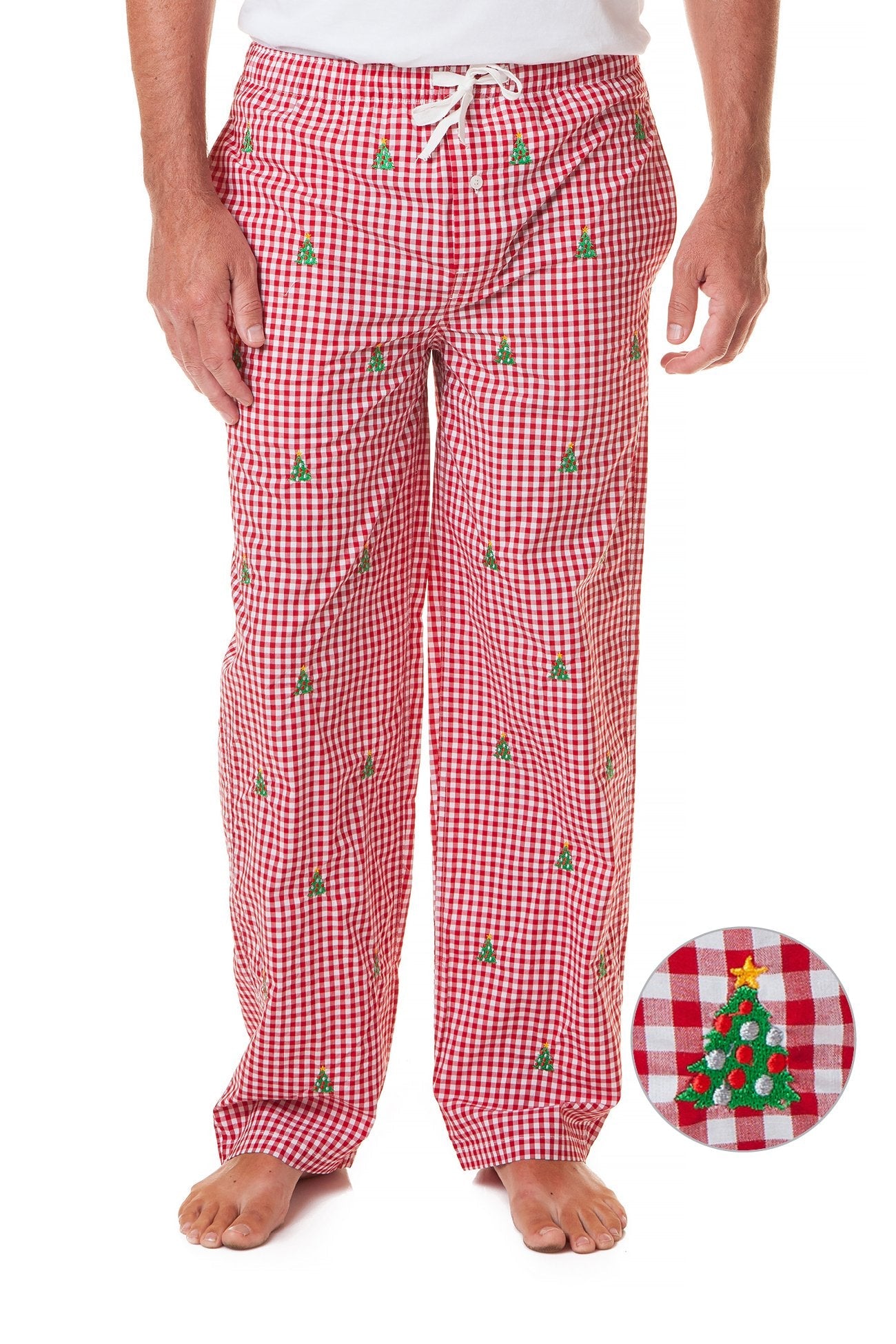 Women's Wide Leg Sleep Pants - Red Gingham Print with Christmas Tree Design | Cozy Holiday Lounge Wear for Christmas Morning & Winter Nights