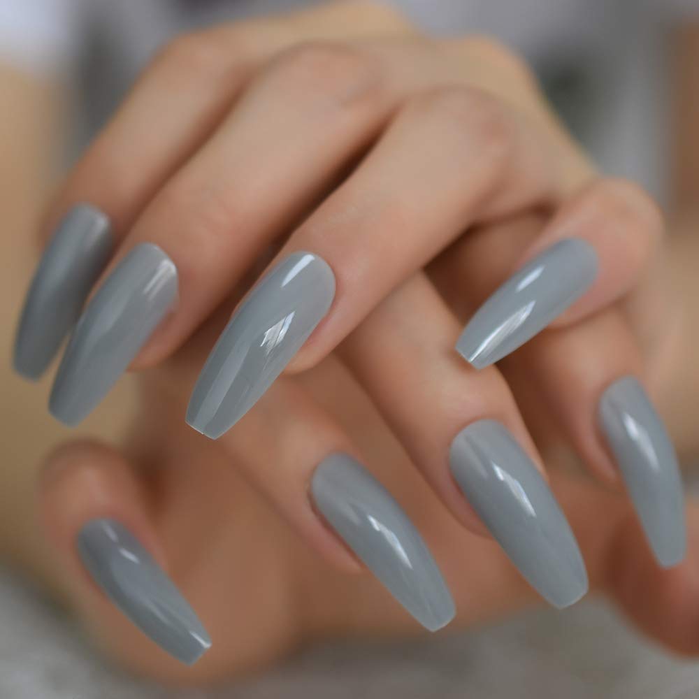 Extra Long Gray Ballerina Fake Nails - UV Acrylic False Nails with Extremely Long Light Grey Tips (24 Pack) - Perfect for Special Occasions, Parties, and Elegant Everyday Wear