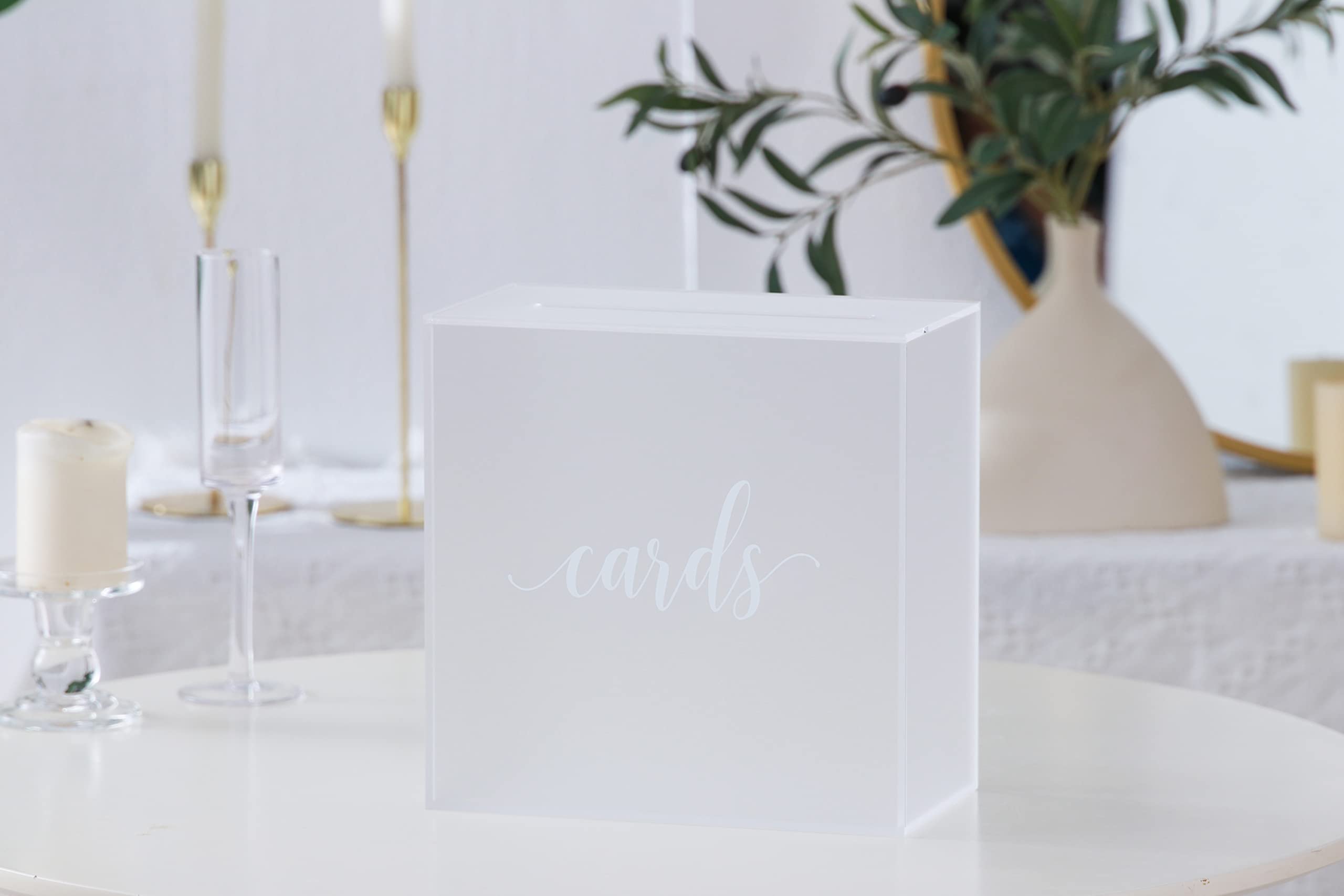 UNIQOOO Frosted Acrylic Wedding Card Box with Slot - 10x10x5.5 Inch Large Clear Money Gift Box for Wedding Receptions, Birthday Parties, Memory Keepsakes & Suggestion Boxes - Elegant White Print Design | Perfect for Wishing Wells, Ballot Voting & Special Event Decor