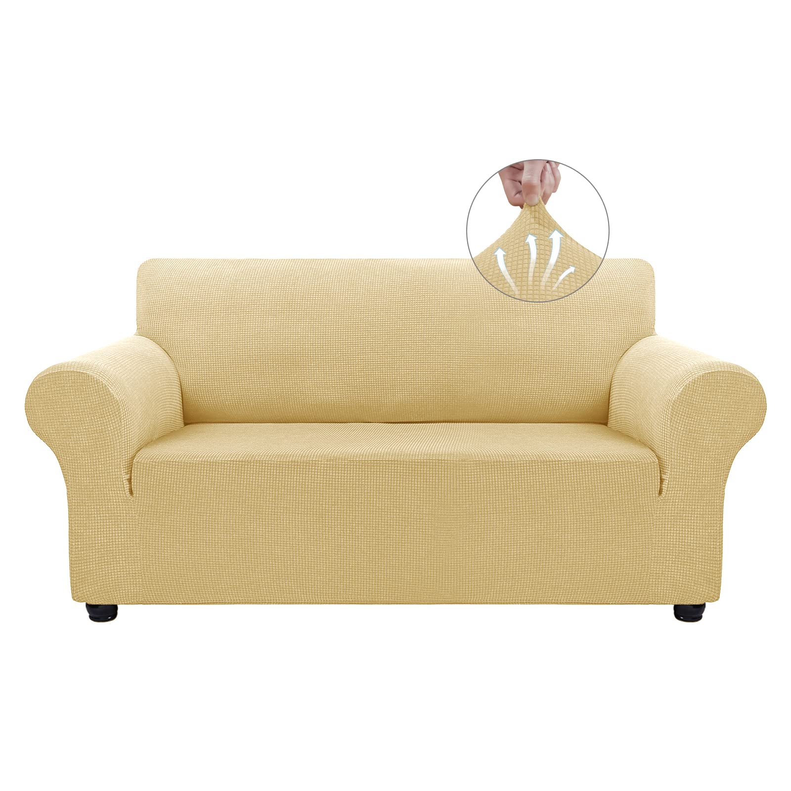 Stretch Sofa Slipcovers for 2-Cushion Loveseat - Pet Proof Jacquard Fabric Couch Covers with Small Checks - Medium Champagne (Home Decor, Living Room Furniture Protection)