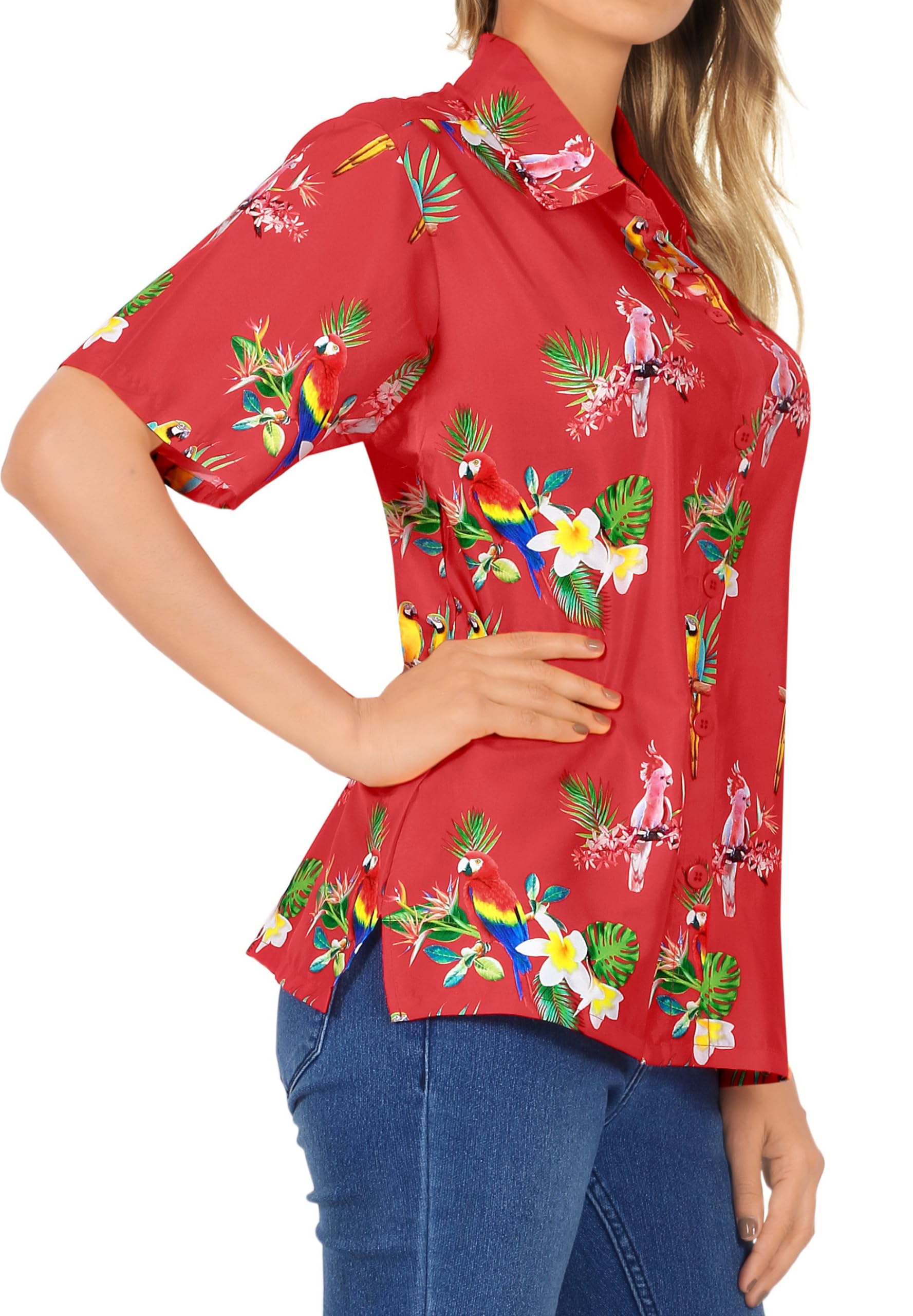 LA LEELA Women's Short Sleeve Hawaiian Shirt - Floral Print Vacation Blouse for Beach, Summer & Tropical Outfits