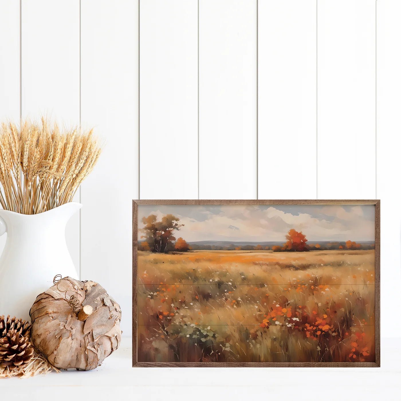 Autumn Field Landscape Orange Wood Framed Wall Art Print - Perfect for Living Room, Bedroom & Office Decor