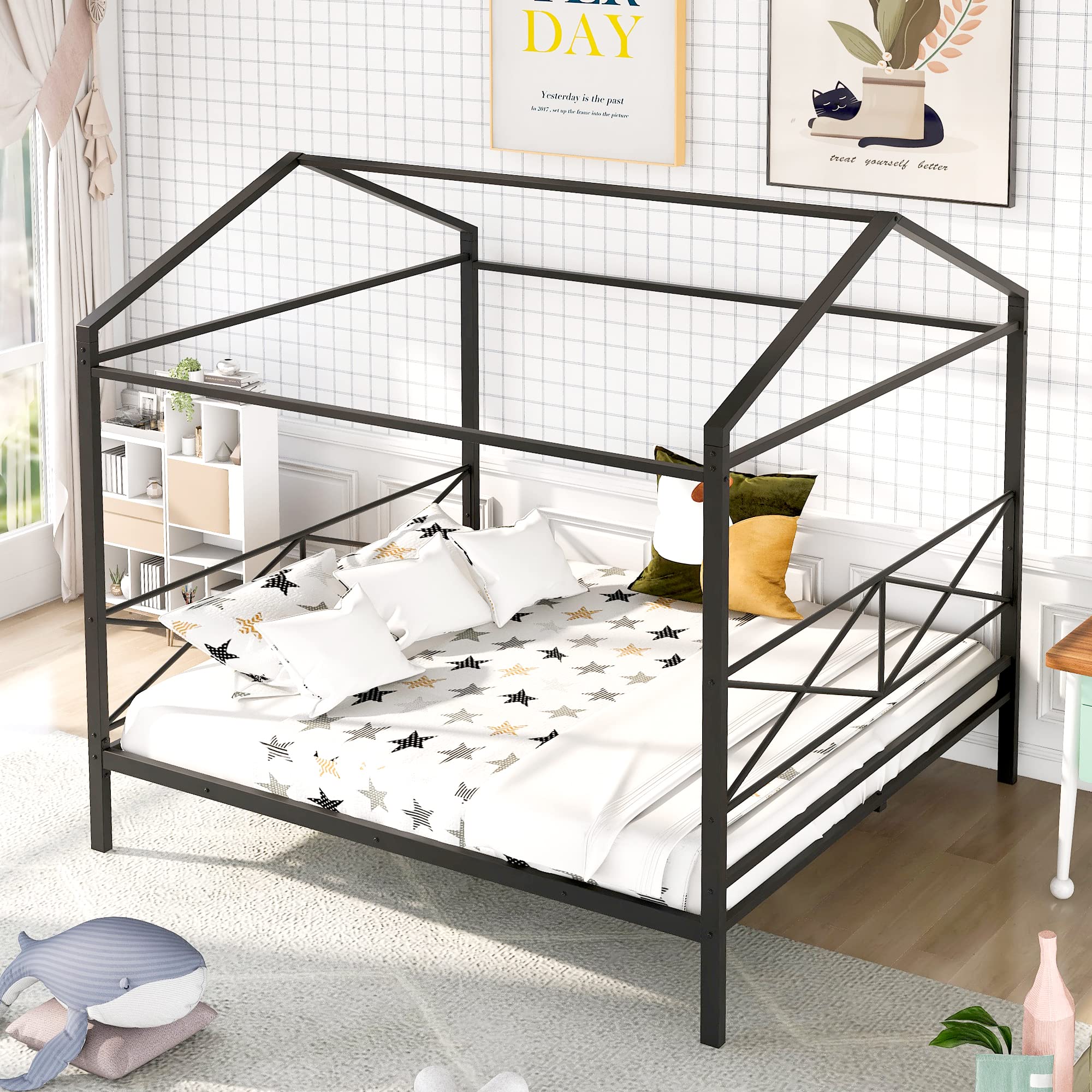 Queen Size Platform Bed Frame with Headboard - Heavy Duty Metal House Shape Bed for Bedroom - Sturdy Support, Noise-Free Design - Perfect for Modern Homes, Apartments & Guest Rooms (Black)