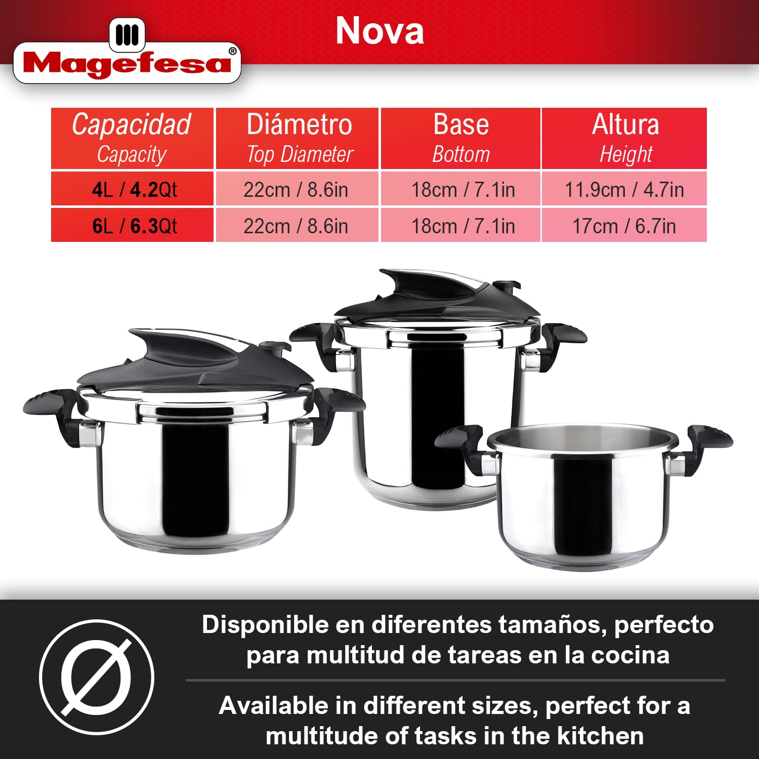 Magefesa Nova 6.3 Quart Stainless Steel Pressure Cooker - Fast Cooking, Easy Locking, Induction Compatible, 5 Safety Systems (11.6 PSI) - Perfect for Soups, Stews & Family Meals