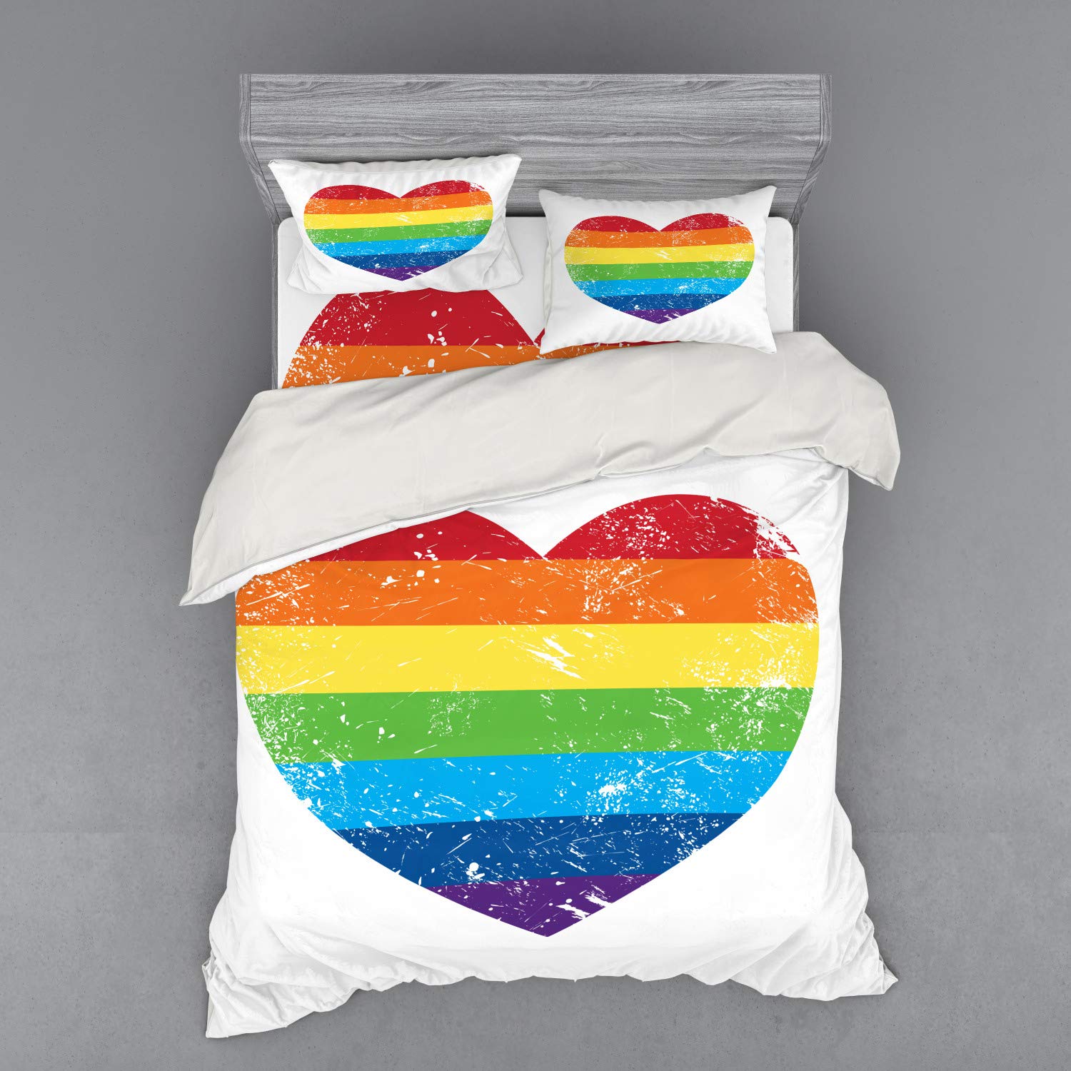 Ambesonne Vintage Rainbow Bedding Set - LGBT Pride Heart Design with Retro Effect, 4-Piece Duvet Cover Set with Shams & Fitted Sheet, Queen Size, Multicolor | Perfect for Pride Month Decor, LGBTQ+ Themed Bedrooms & Unique Gift Ideas