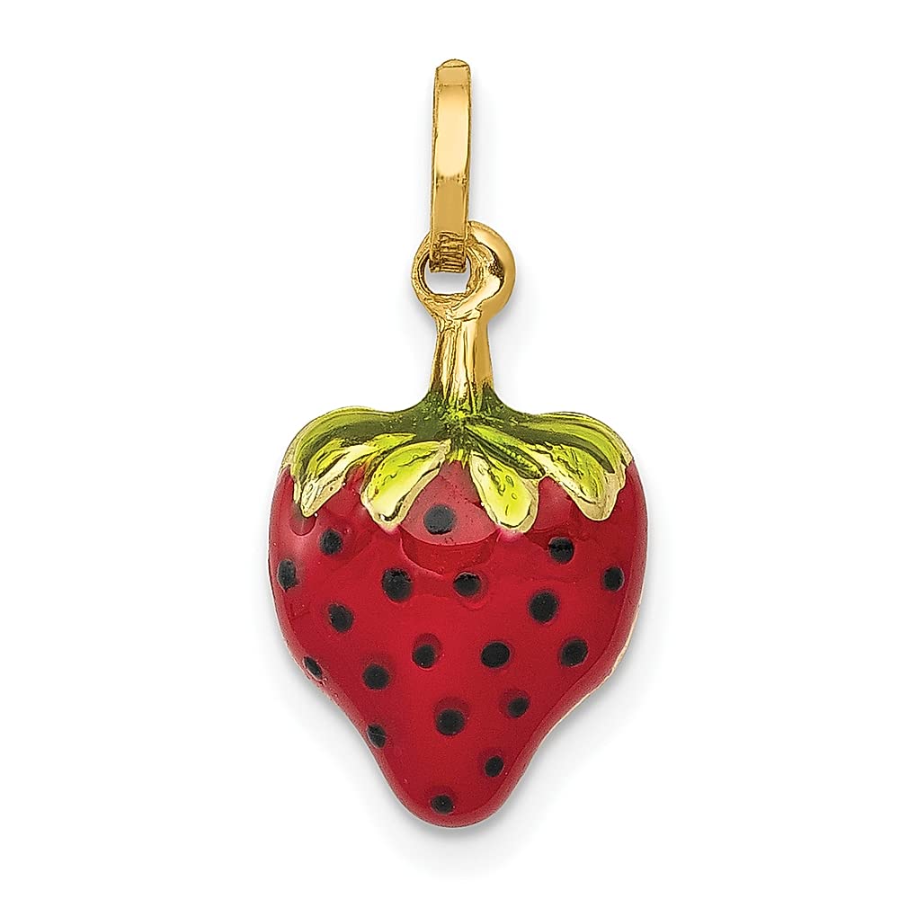 14K Yellow Gold Enameled Strawberry Charm Necklace Pendant - Dainty Food & Drink Inspired Fine Jewelry for Women - Perfect Birthday Gift, Anniversary Present for Her - Great for Valentine's Day, Mother's Day & Everyday Wear