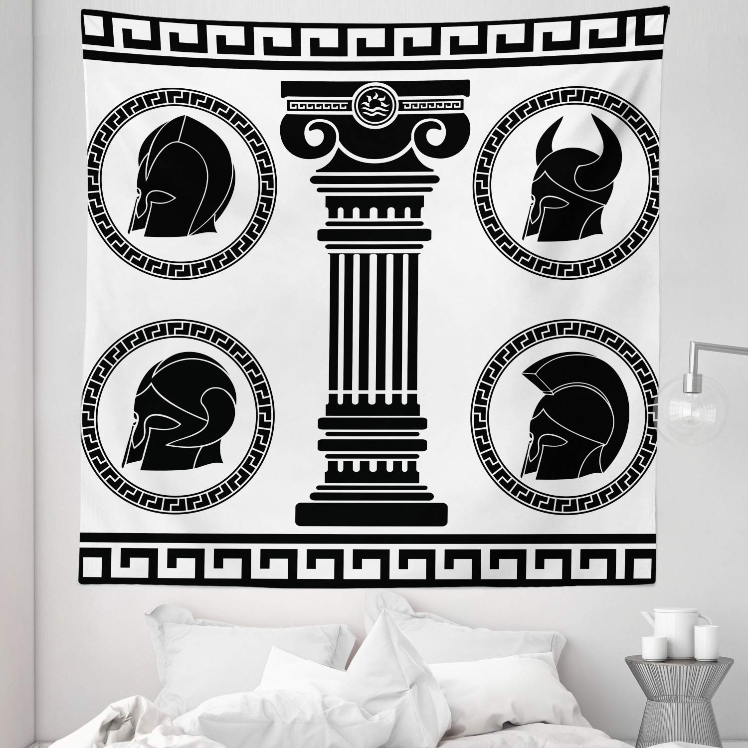 Ambesonne Retro Queen Size Tapestry - Vintage Circular Frames & Antique Spartan Costume Design, 88x88 Inch Black White Wall Hanging for Bedroom Decor, Bedspread, Living Room Wall Art | Perfect for Bohemian & Classic Home Decor