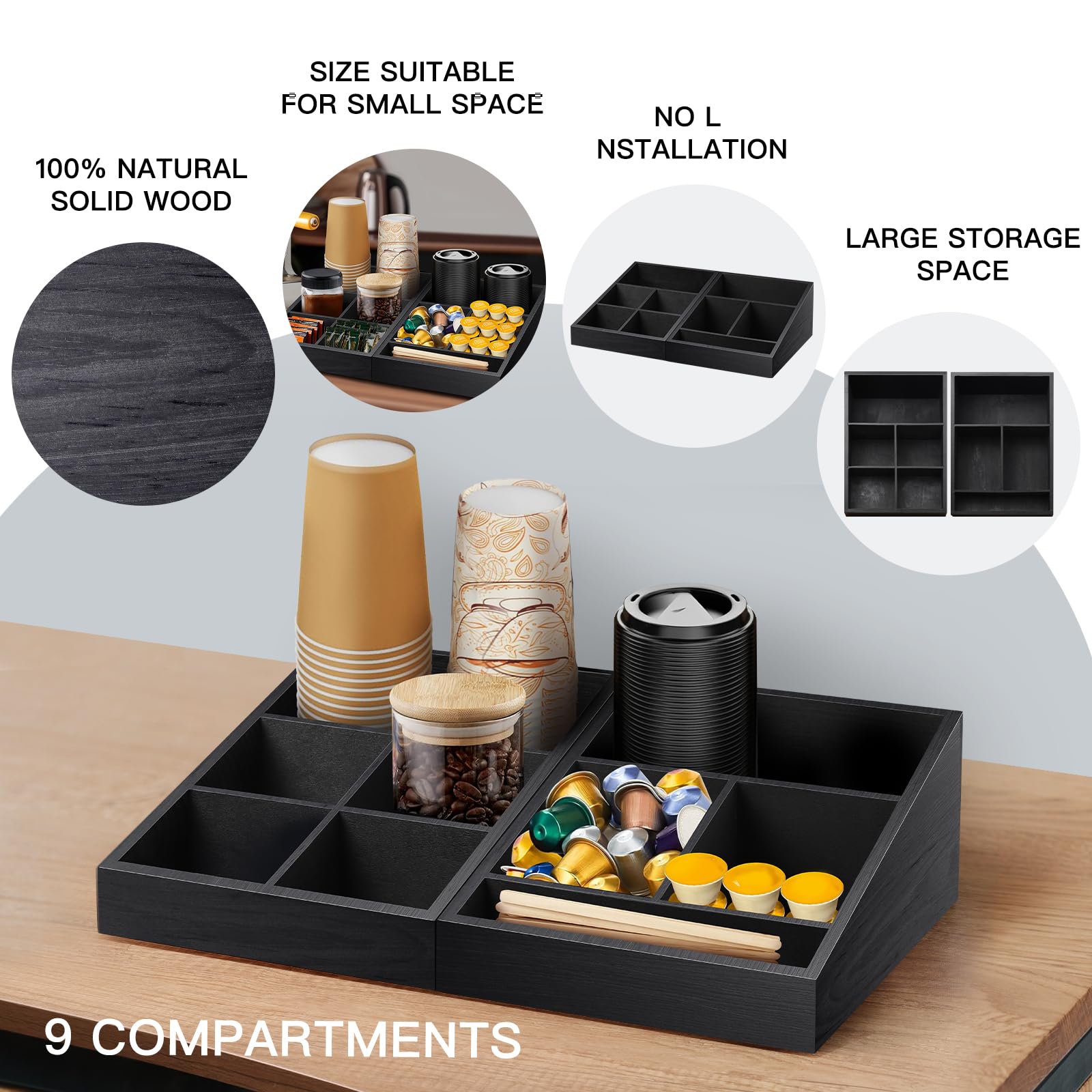 9-Compartment Wooden Coffee Station Organizer & Condiment Tray - Countertop Coffee Bar Storage for Home, Office & Breakroom (Two-in-One Black) - Perfect for Espresso Machines, Keurig Stations & Kitchen Counter Organization