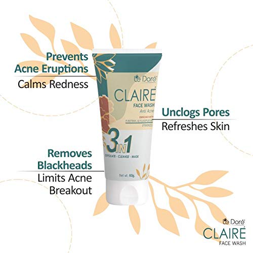 Le Dore Claire 3-in-1 Anti-Acne Clay Face Wash with Zinc PCA, Witch Hazel & Tea Tree Oil - Deep Cleansing, Reduces Breakouts & Blemishes, Rejuvenates Skin - 60g for Oily, Acne-Prone & Sensitive Skin | Perfect for Daily Skincare Routine & Post-Workout Cleansing