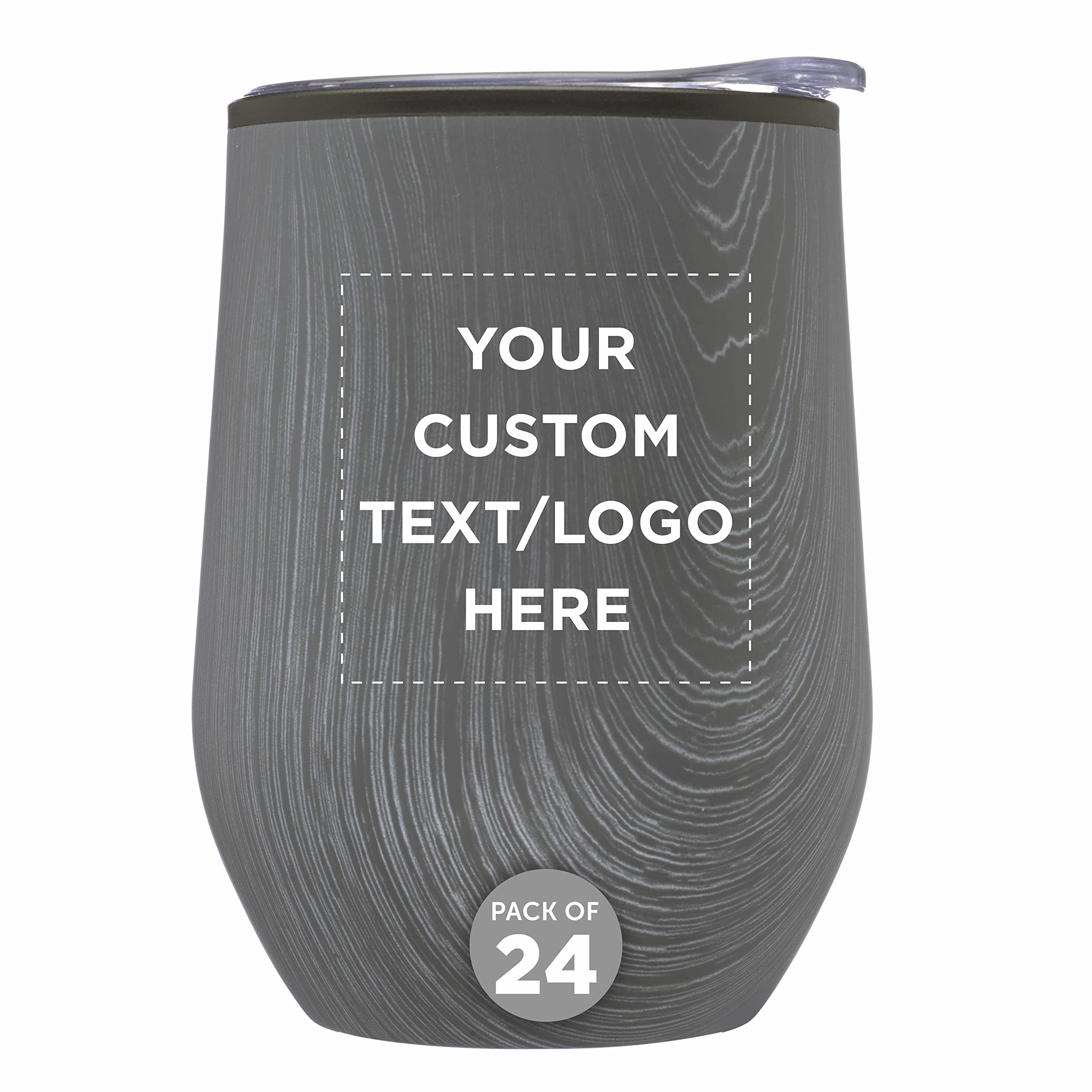 Custom Personalized Palmera Stemless Wine Tumblers with Lids - 12 oz Set of 24 Bulk Pack - Rustic Grey Glassware for Wine, Cocktails, Coffee & Beverages - Perfect for Weddings, Parties, Restaurants & Home Use