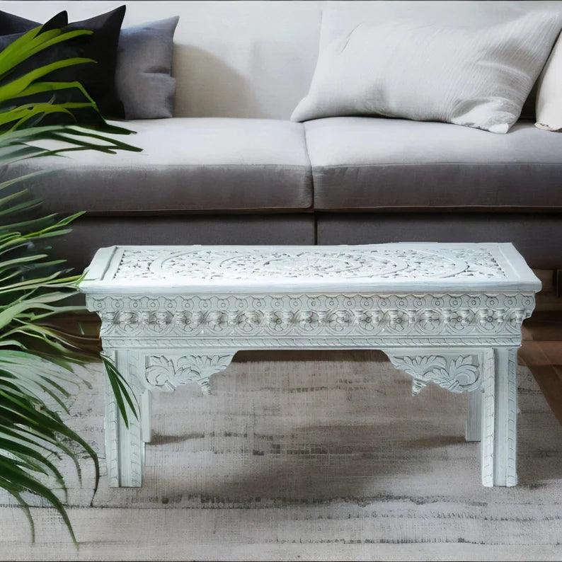 Hand Carved Solid Wood Coffee Table - White | Rustic Farmhouse Living Room Furniture for Home Decor