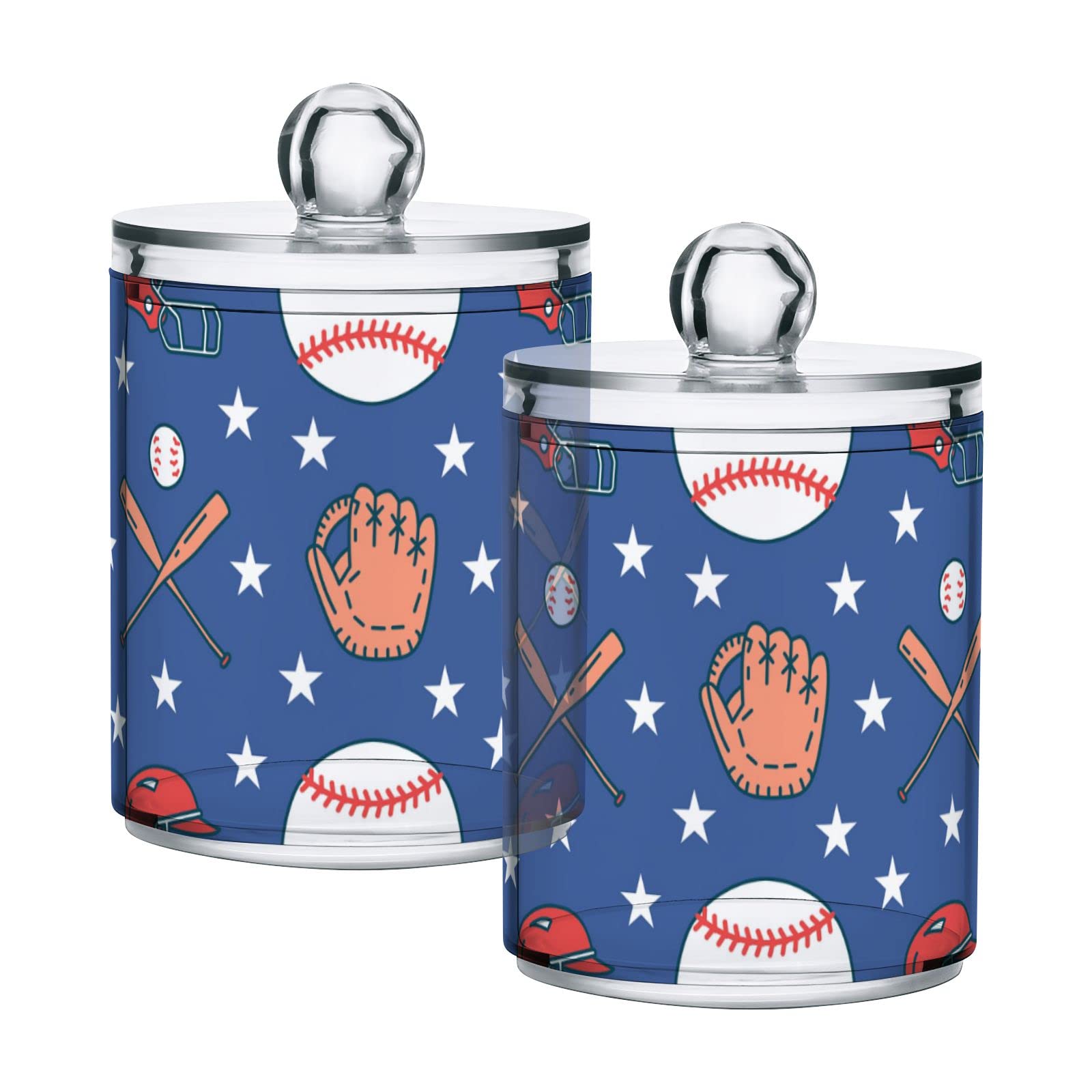 Red Baseball Gloves & White Star Sticks with Blue Plastic Storage Jars Set of 2 - 10oz Translucent Food Containers with Lids for Tea, Cookies, Cotton Swabs | Perfect for Kitchen Organization, Picnics & Craft Storage