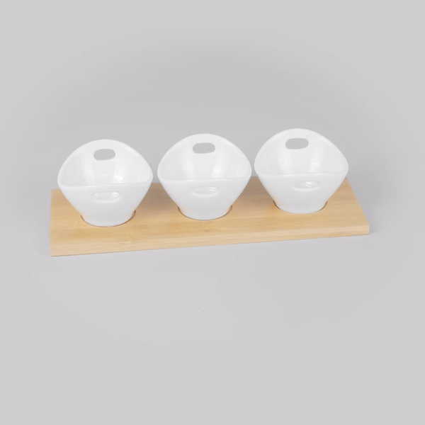 6 oz White Porcelain Rectangular Basket Bowls Set of 3 with Bamboo Tray - 11.75