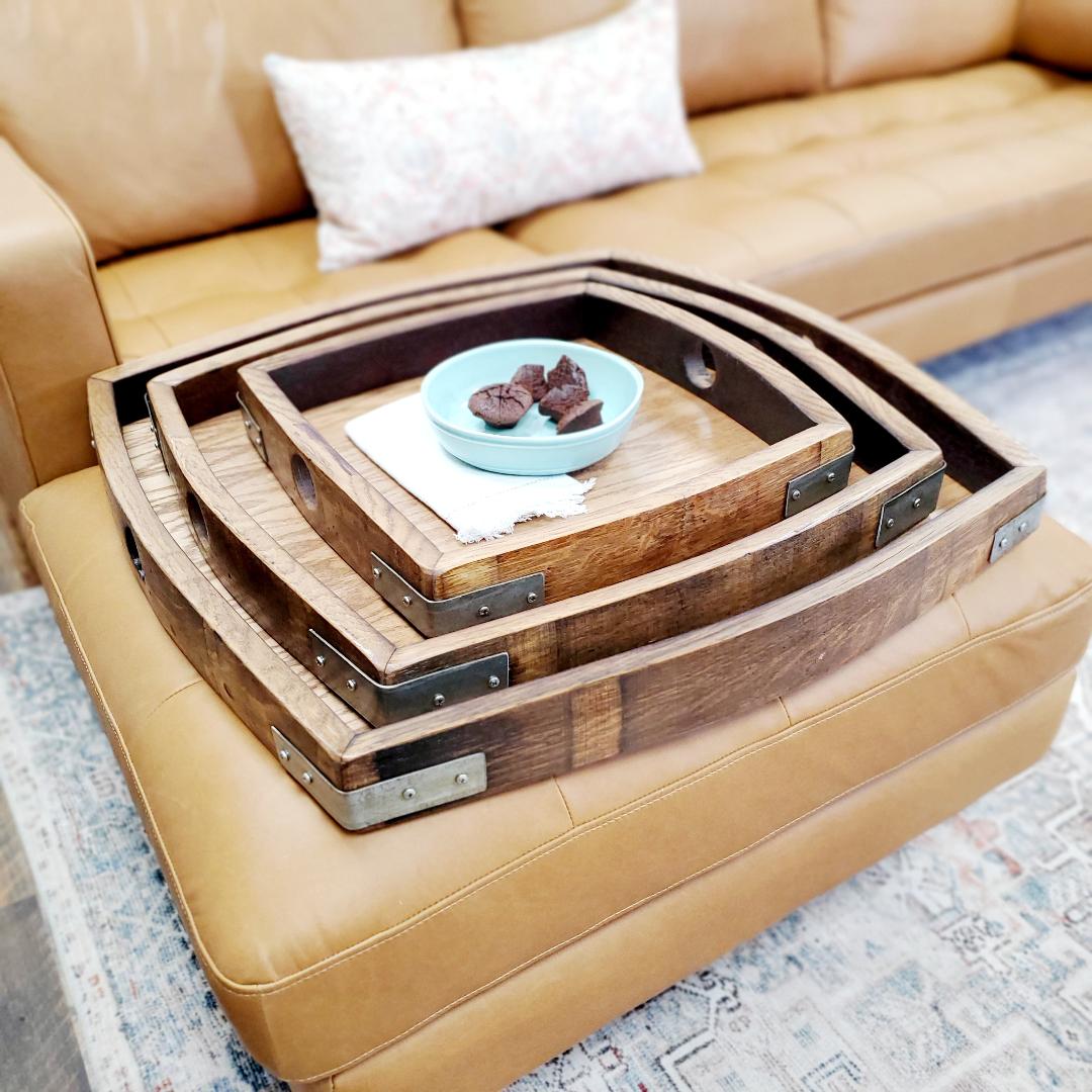 Eco-Friendly 3-Piece Square Serving Tray Set - Handcrafted from Reclaimed Wine Barrels - Perfect for Entertaining, Dining & Home Decor