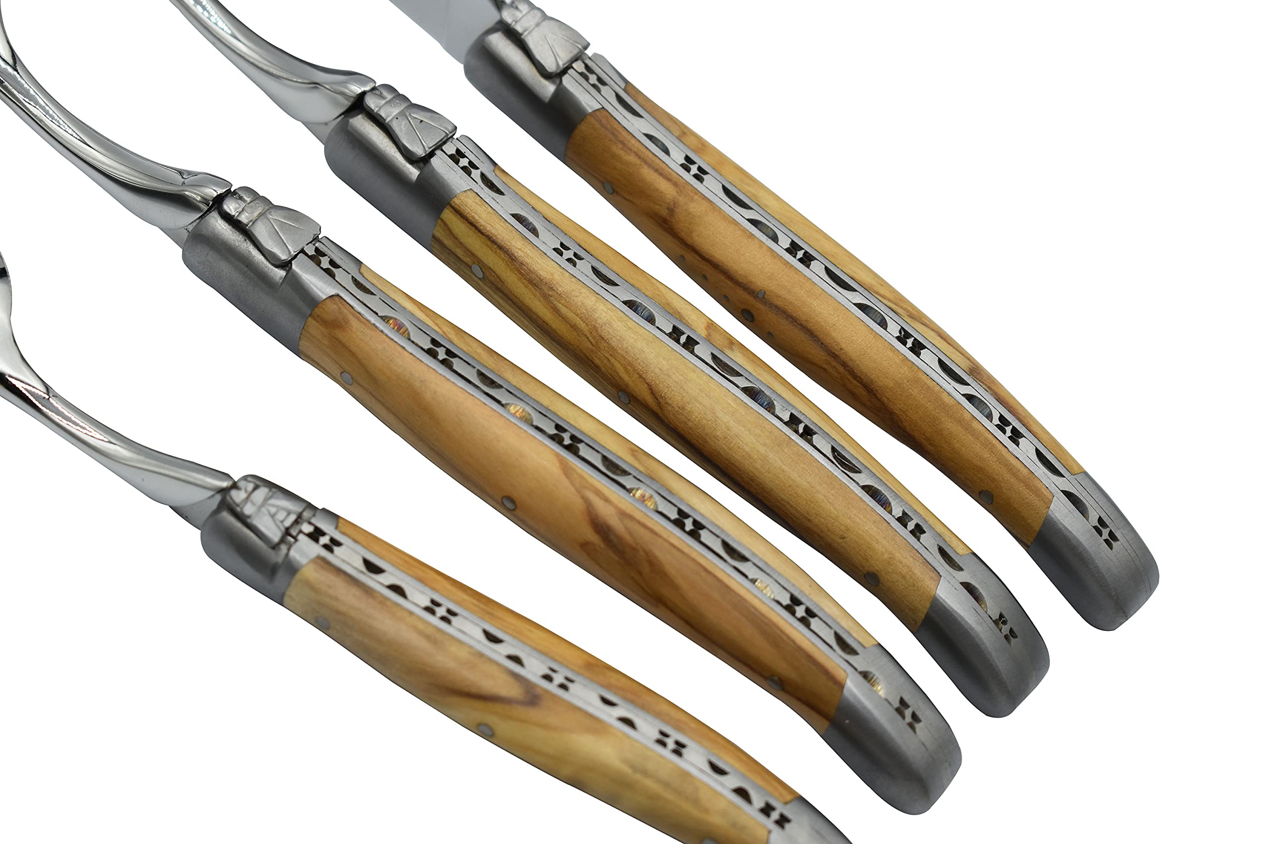Premium Laguiole en Aubrac 24-Piece Flatware Set - 6 Steak Knives, 6 Forks, 6 Soup & 6 Tea Spoons - Olive Wood Handle & Stainless Steel Brushed Bolsters - Elegant Dinnerware for Fine Dining & Entertaining