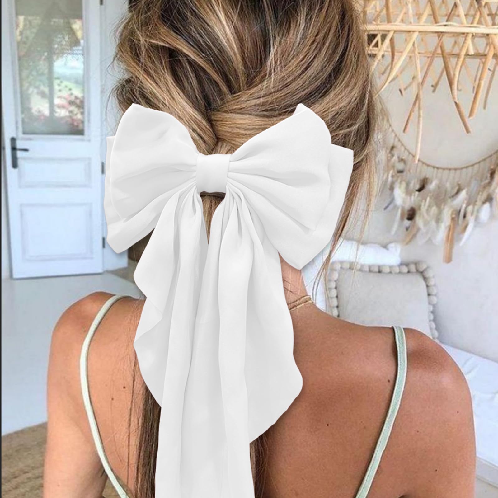 Elegant Oversized Satin Hair Bows for Girls & Women - Cute Long Ribboned Hair Clips Accessories (Pure White) | Perfect for Parties, Weddings & Daily Fashion