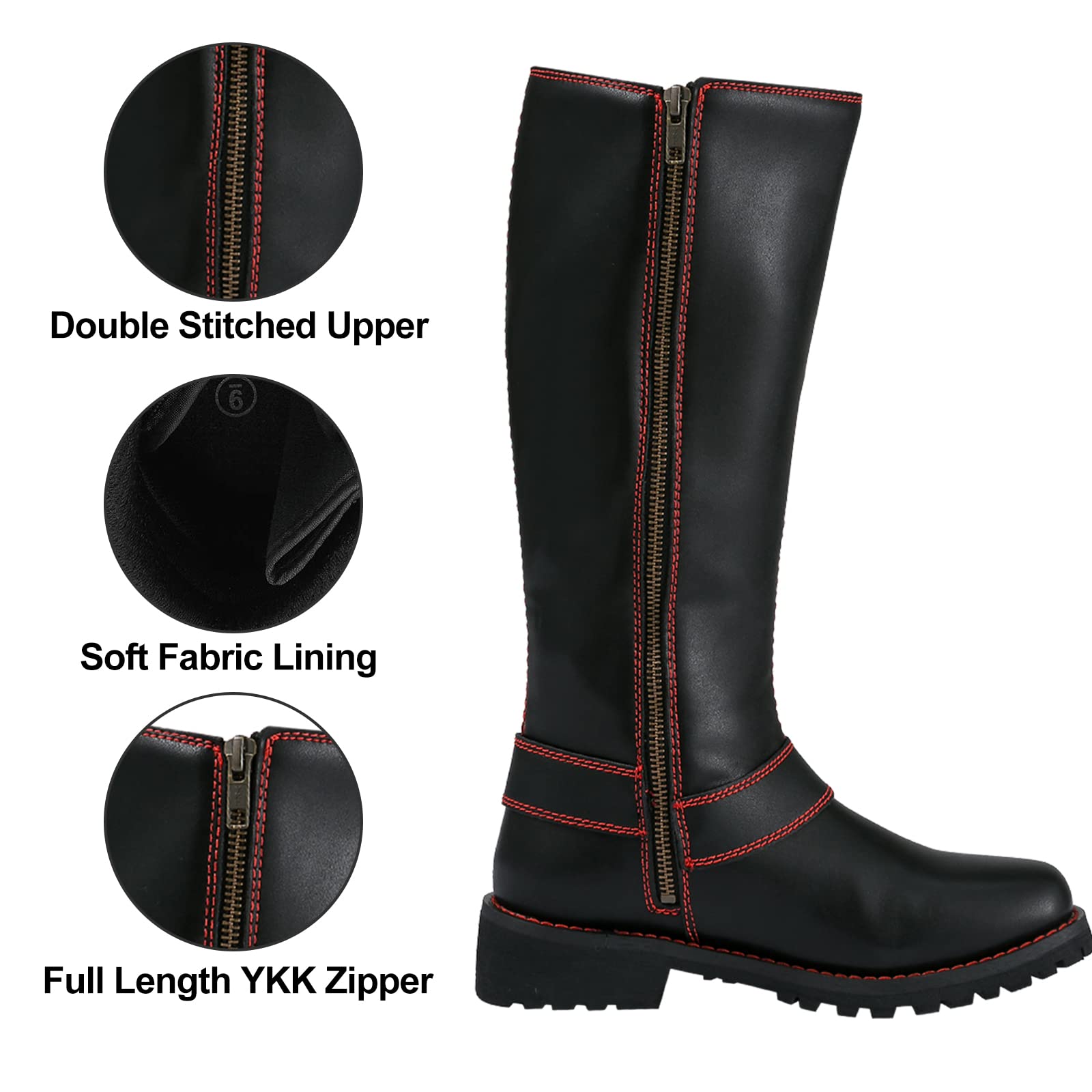 Dream Apparel Women's Motorcycle Riding Boots - Black PU Leather Knee High Biker Boots with Square Toe, Lace Up & Side Zipper | Perfect for Harley Davidson Rides, Bike Shows & Urban Fashion