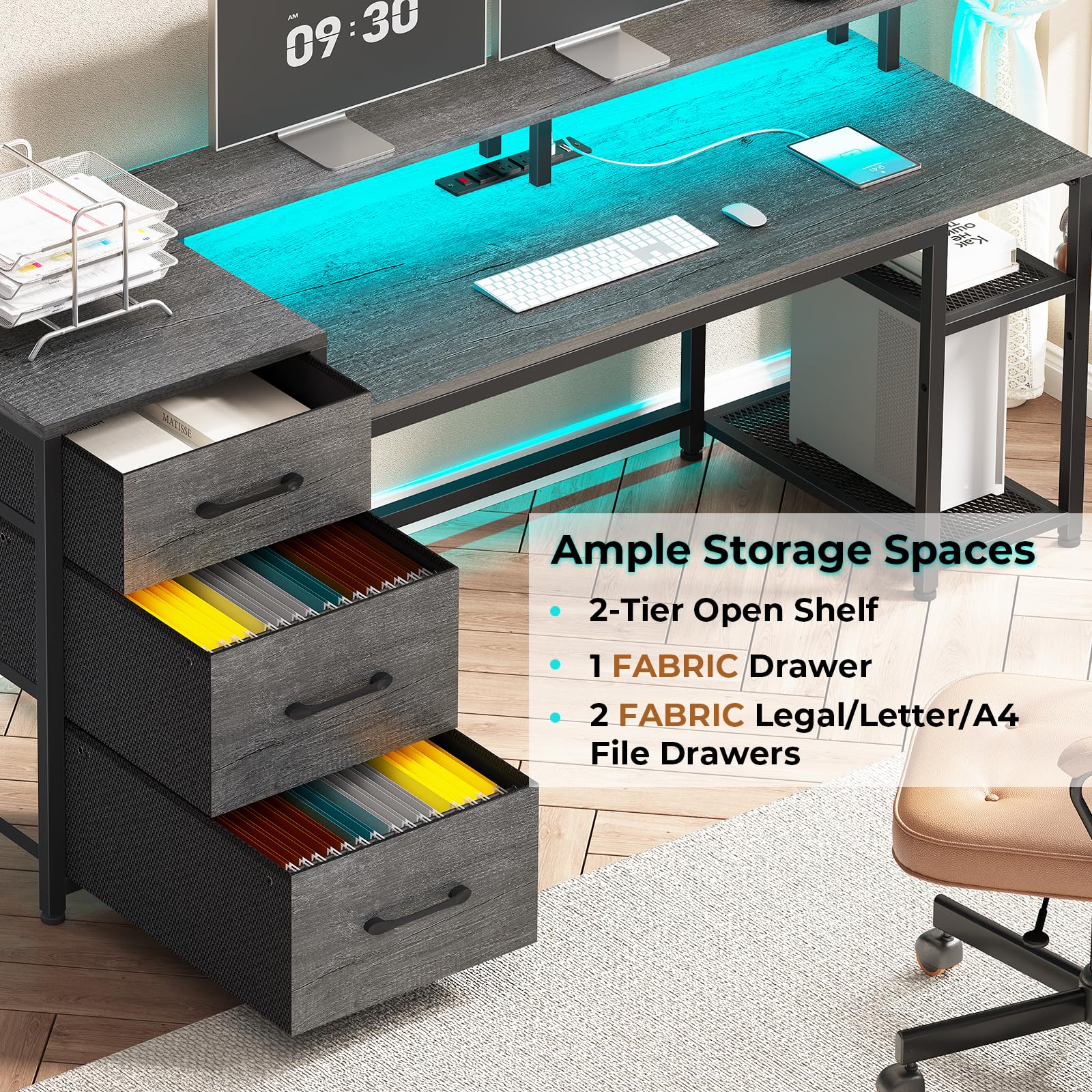 SEDETA 59 Inch Reversible L-Shaped Office Desk with LED Lights & Power Outlet - Home Office Computer Desk with Storage Drawers, File Cabinet & Printer Space - Perfect for Gaming, Work & Study (Grey)