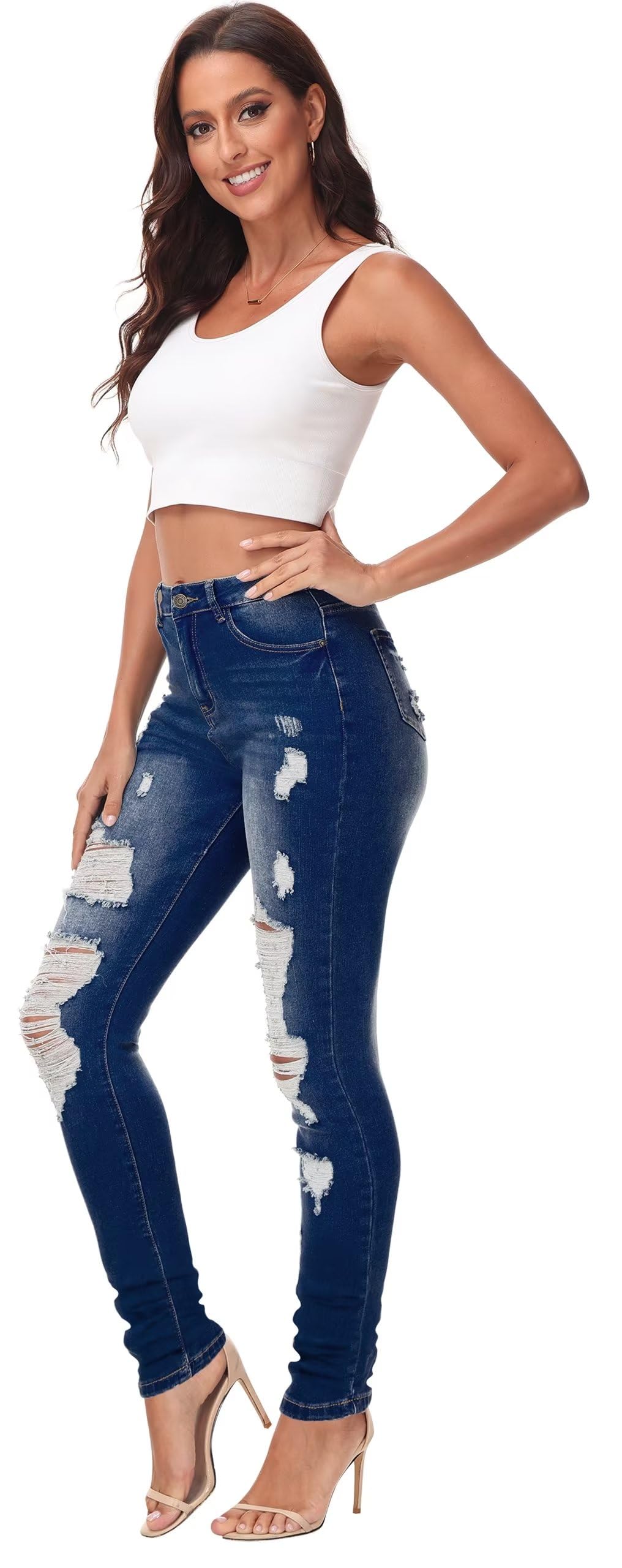 AMRSPENG Women's High Waisted Ripped Stretch Skinny Jeans - Butt Lifting Distressed Denim Pants for Casual Wear & Night Out