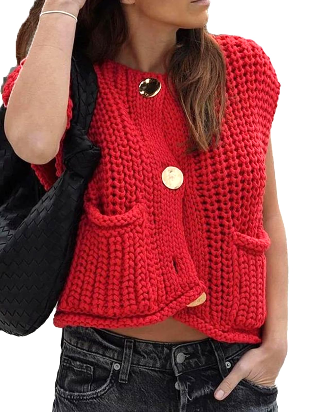 KEOMUD Women's Sleeveless Cropped Knit Cardigan 2025 | Casual Button Down Crochet Sweater Vest Tops with Pockets | Perfect for Spring/Summer Layering, Beach Cover-Up & Boho Fashion Outfits