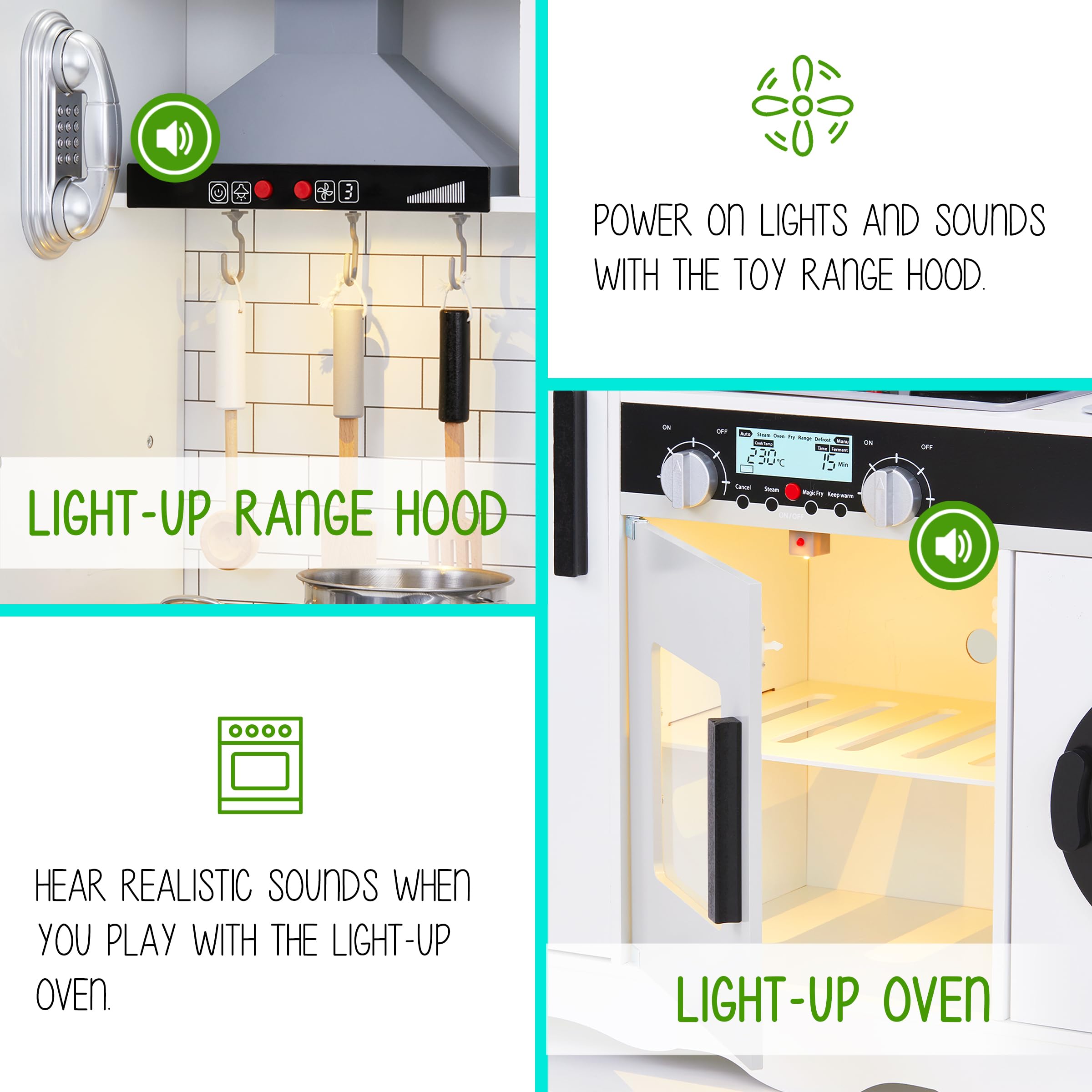 Lil’ Jumbl Kids Wooden Play Kitchen Set with Realistic Sounds & Lights - Pretend Cooking Toy with Battery Operated Icemaker, Microwave, Stove & Oven - Includes Pots, Pans & Utensils - Perfect for Toddler Pretend Play & Early Learning