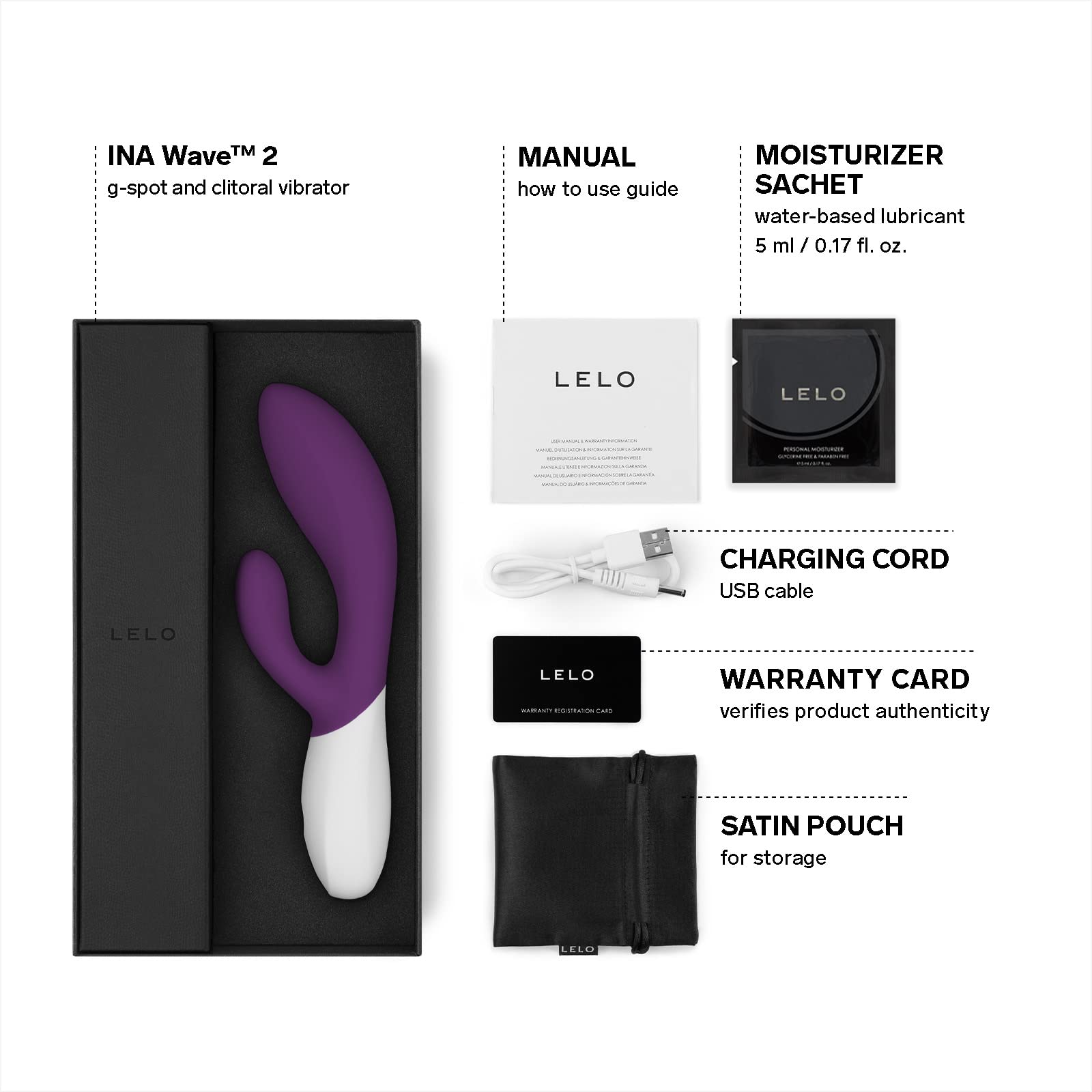 LELO INA Wave 2 Rabbit Vibrator for Women - Dual G-Spot & Clitoral Stimulator with Wavemotion Technology, 12 Vibration Modes, Waterproof & Body-Safe Silicone - Perfect for Solo Play & Couples Intimacy (Purple)