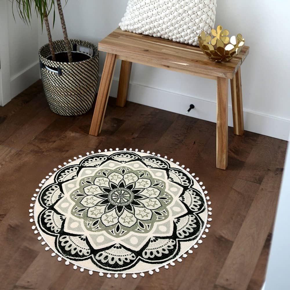 Uphome 2.3ft Small Round Boho Bathroom Rug - Non-Slip Washable Black Pom Pom Fringe Mandala Circle Bath Mat, Soft Bohemian Throw Rug for Bedroom, Sink, Dorm & Powder Room | Perfect for Bathroom Decor, Vanity Area & Cozy Home Accents