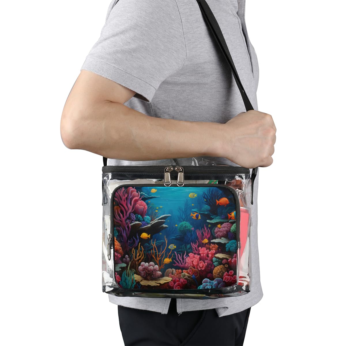 GzLeyigou Clear Transparent Tote Bag with Handles - Underwater Coral Fish Design - Crossbody Shoulder Bag for Lunch, Beach, Travel, Picnic, Concerts & Sports Events - Stadium Approved Clear Purse for Outdoor Activities & Theme Parties