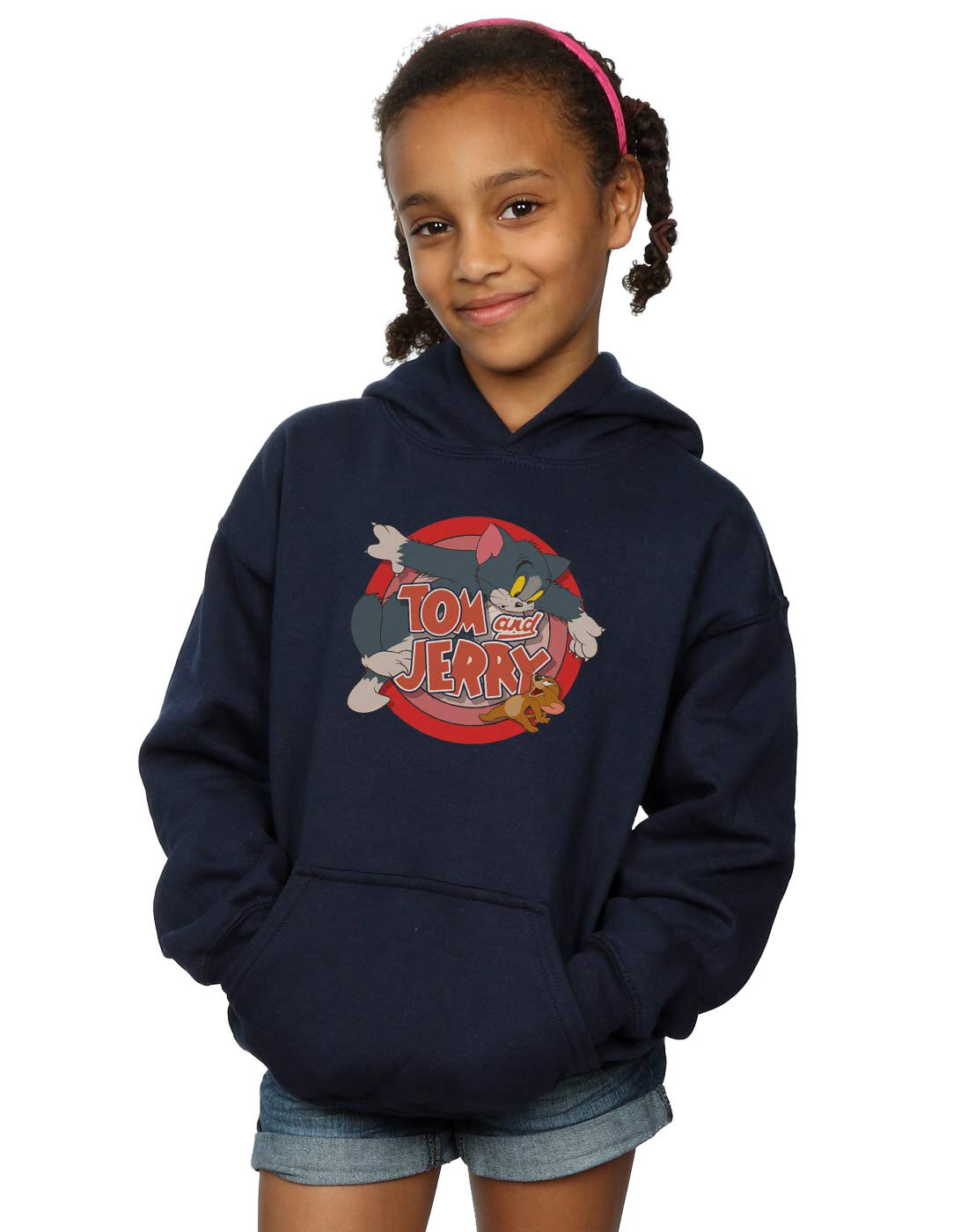 TOM and JERRY Girls Classic Catch Hoodie - Navy Blue Pullover Sweatshirt for Kids Age 5-6 | Cute Cartoon Character Hooded Jacket for School, Playdates & Outdoor Activities
