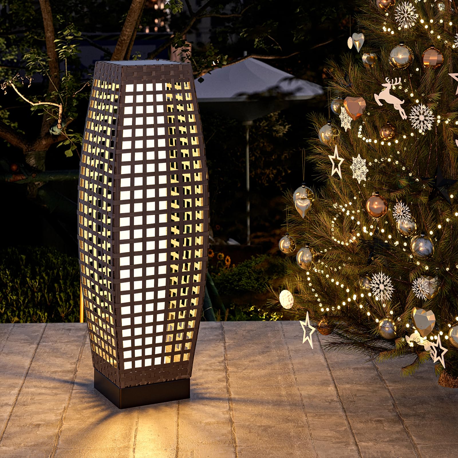 Solar Powered Outdoor Floor Lamp - Waterproof Weather Resistant Square Pattern Solar Lantern for Backyard, Porch, Garden, Deck | Perfect for Christmas Decorations, Patio Lighting & Nighttime Ambiance