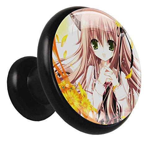Anime Girl Crystal Drawer Knobs 4pcs - Black Metal Pulls for Kitchen Cabinet & Wardrobe