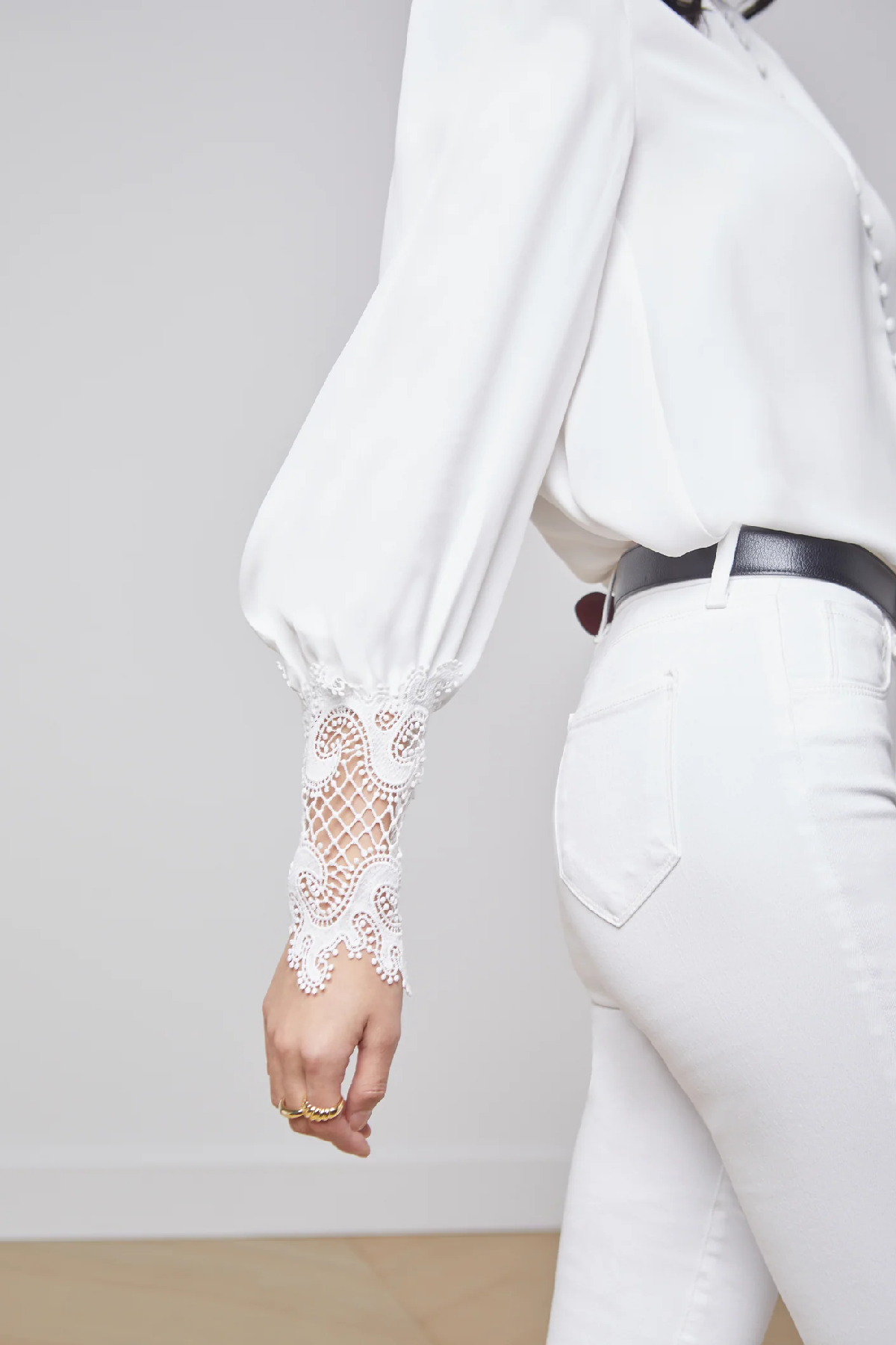 L'Agence Ava Lace Cuff Blouse - Women's V-Neck Ivory Lace Top for Work & Special Occasions | Elegant Office Blouse & Evening Wear