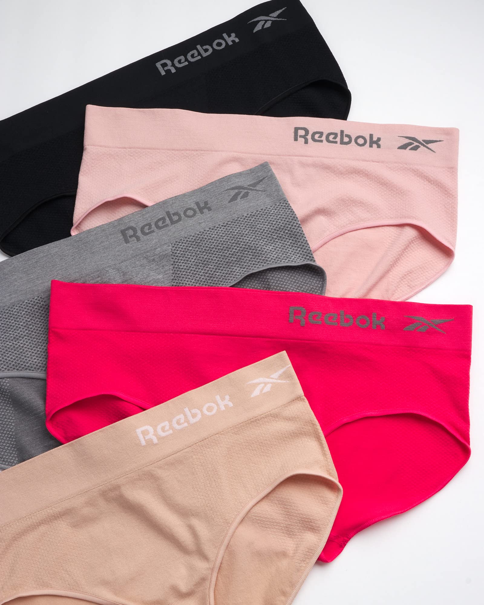Reebok Women's Hipster Panties 5-Pack - Breathable Stretch Performance Underwear - Seamless Comfort Hipster Briefs for Women (S-XL) - Sharkskin/Dusty Pink/Black/Nude/Raspberry Pink - Perfect for Yoga, Gym & Everyday Wear