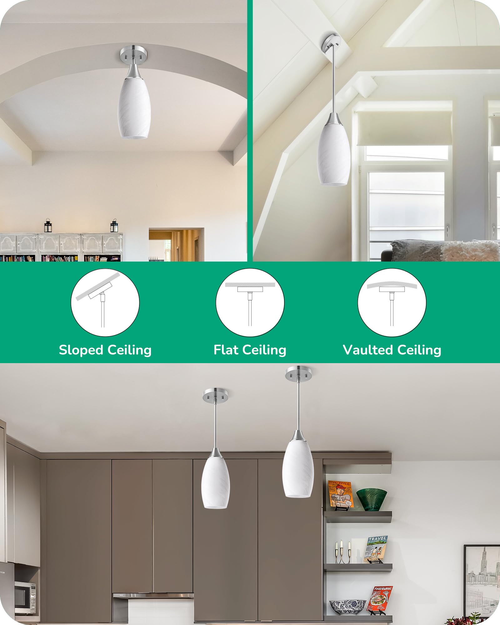 EDISHINE Handcrafted Art Glass Pendant Light Fixture - White Marble Glass Shade with Adjustable Brushed Nickel Rods, Hardwired Ceiling Light with E26 Base | Perfect for Kitchen, Bathroom, Bar & Dining Room Lighting