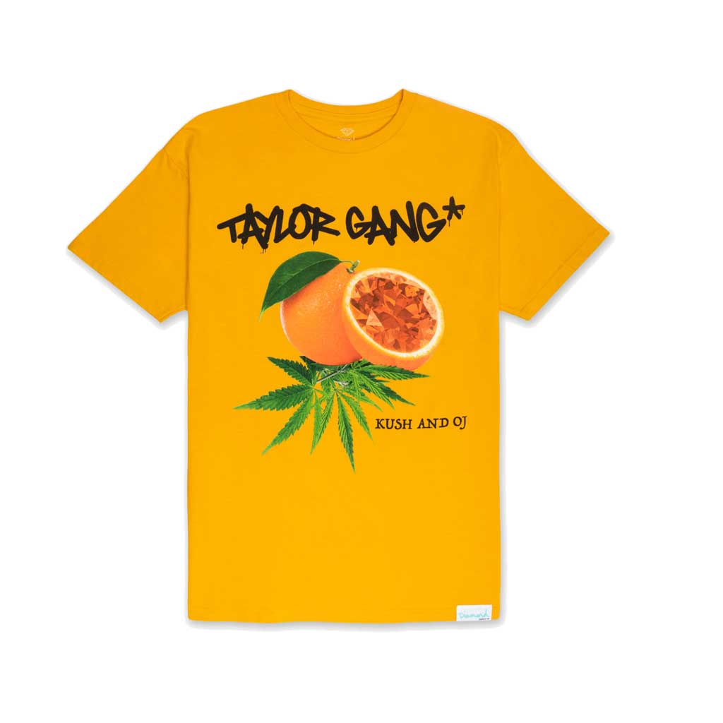 Diamond x Wiz Khalifa Orange & Kush Graphic T-Shirt - Gold Color Hip Hop Streetwear Tee for Concerts, Parties & Casual Outfits