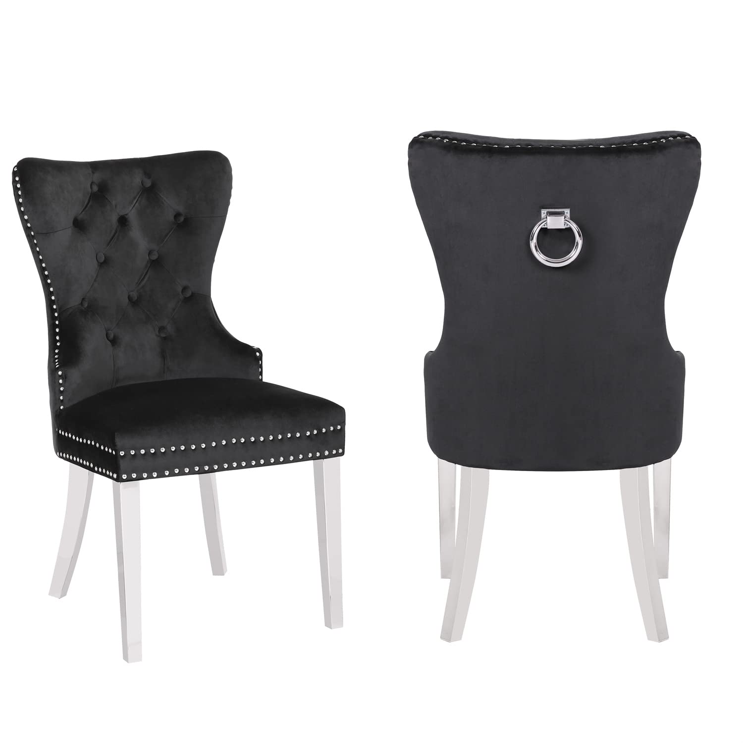 i-POOK Velvet Upholstered Dining Chairs Set of 2 - Modern Button Tufted Parsons Chairs with Metal Legs, Ring Pull & Nailhead Trim - Elegant Accent Chairs for Kitchen, Dining Room & Living Room - Perfect for Entertaining & Home Decor (Black)