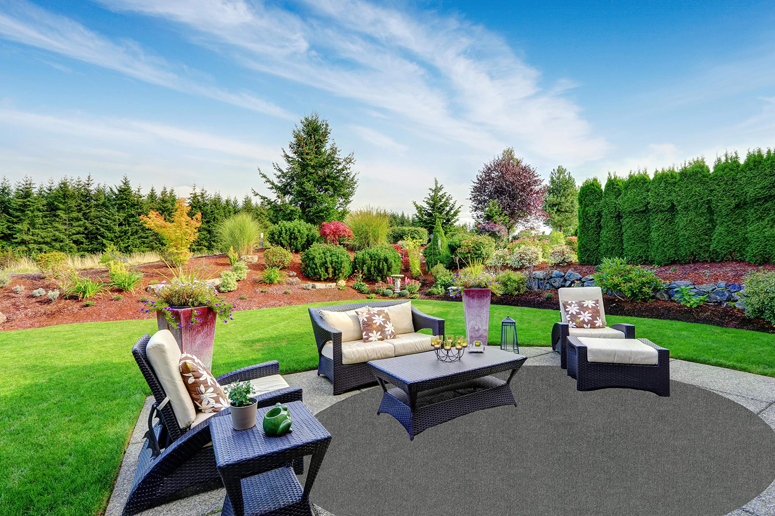 Premium KOECKRITZ 9' Round Indoor/Outdoor Rug - Eco-Friendly PET Fiber Made from 100% Recycled Bottles - Sky Grey - Perfect for Patio, Deck, Living Room & High-Traffic Areas
