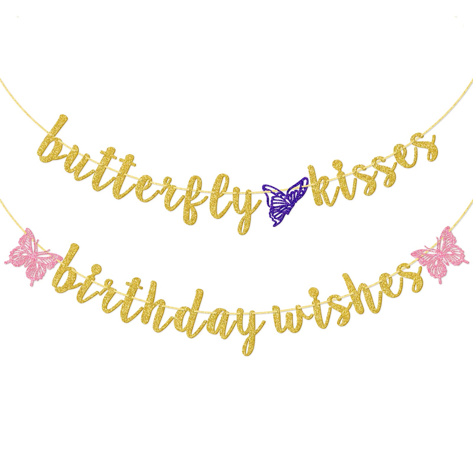 Butterfly Kisses Birthday Banner - Gold Butterfly First Birthday Party Decorations for Girls, Baby Shower & Birthday Celebrations - Perfect for Wall Decor, Party Backdrops & Photo Booths